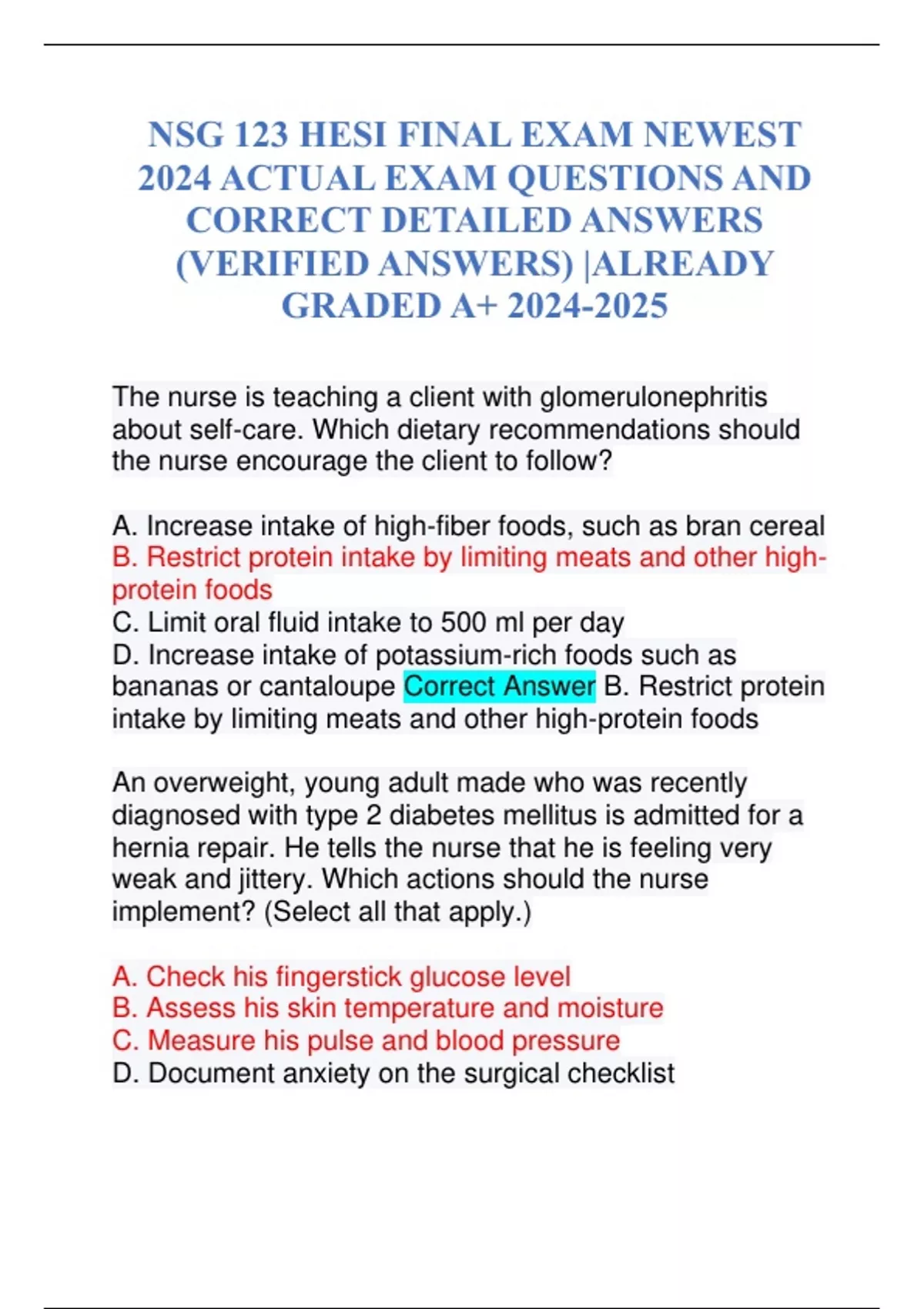 NSG 123 HESI FINAL EXAM NEWEST 2024 ACTUAL EXAM QUESTIONS AND CORRECT ...