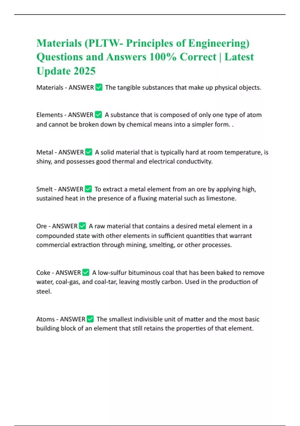 Materials (PLTW- Principles of Engineering) Questions and Answers 100% ...