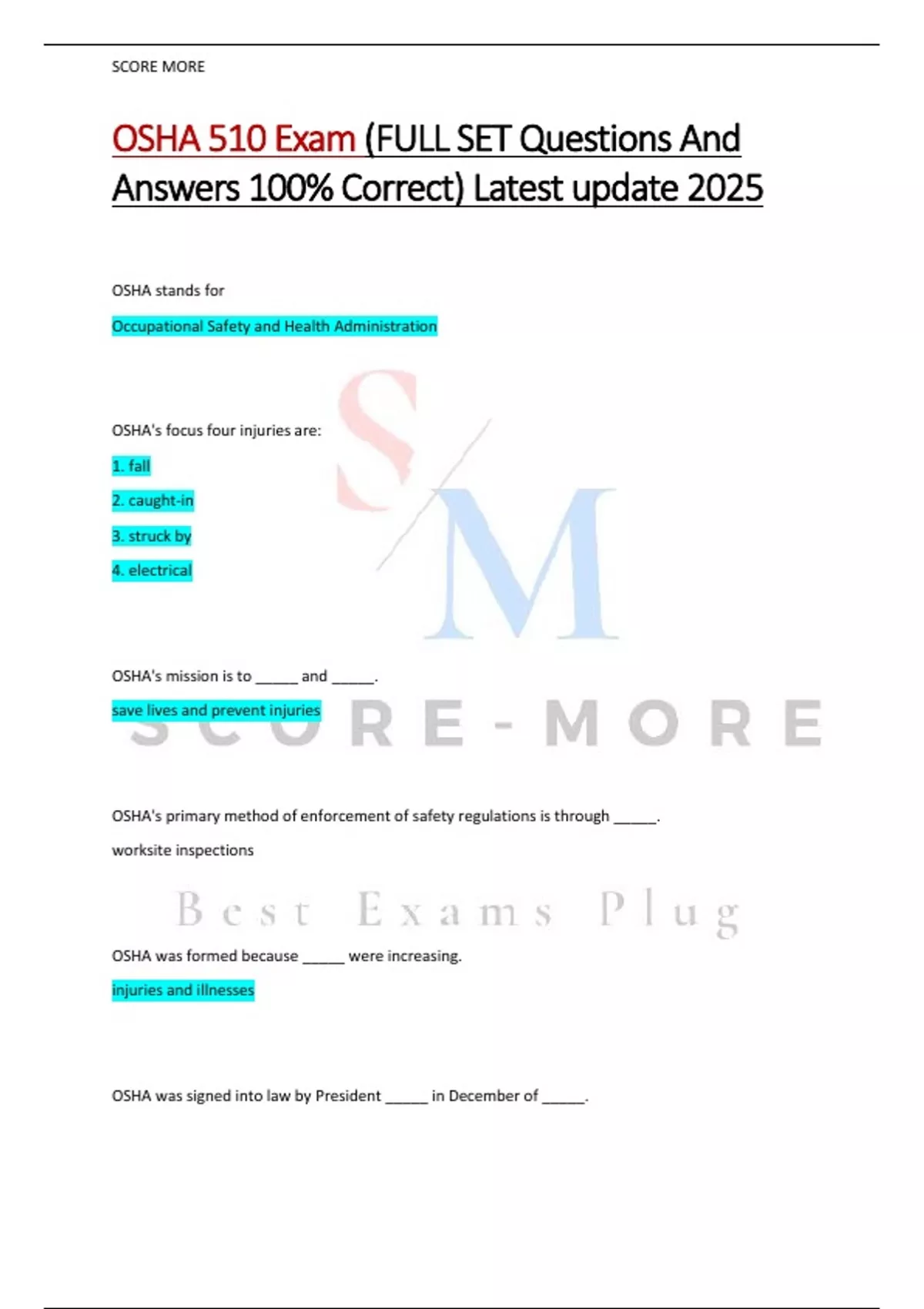 OSHA 510 Exam (FULL SET Questions And Answers 100% Correct) Latest ...