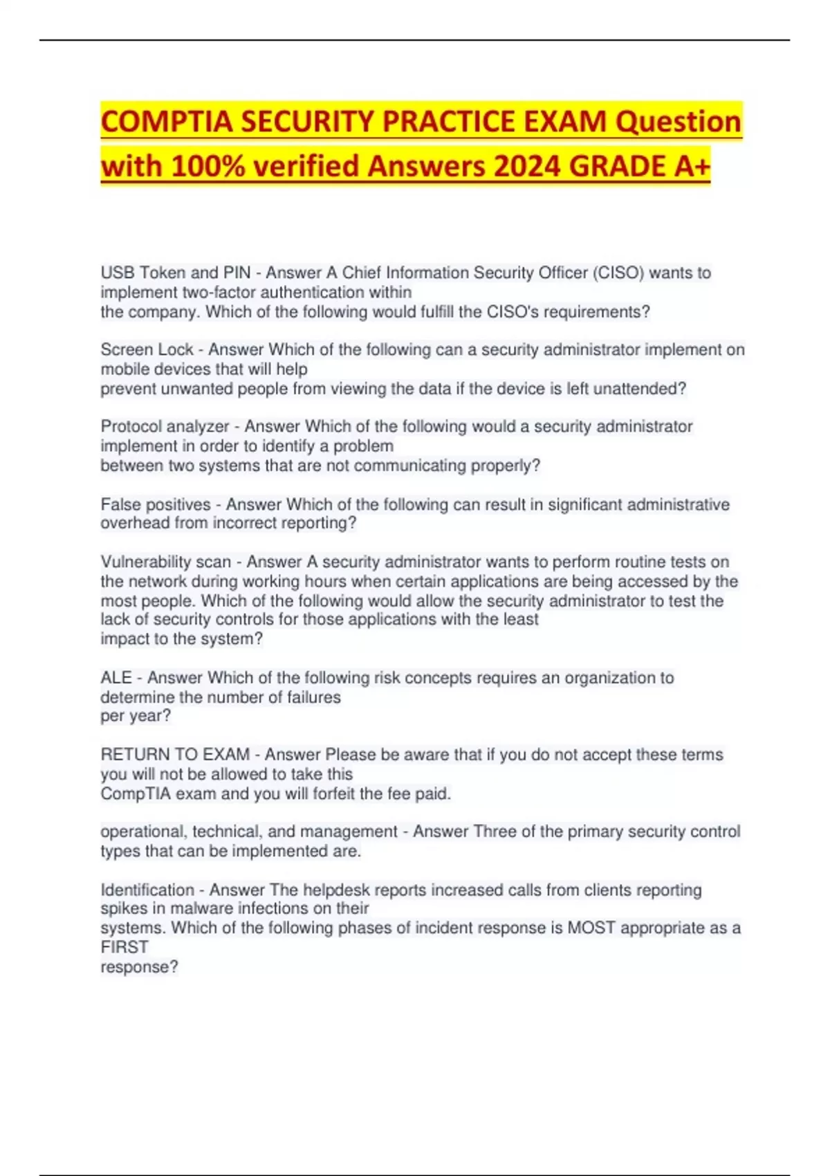 COMPTIA SECURITY PRACTICE EXAM Question with 100- verified Answers 2024 ...