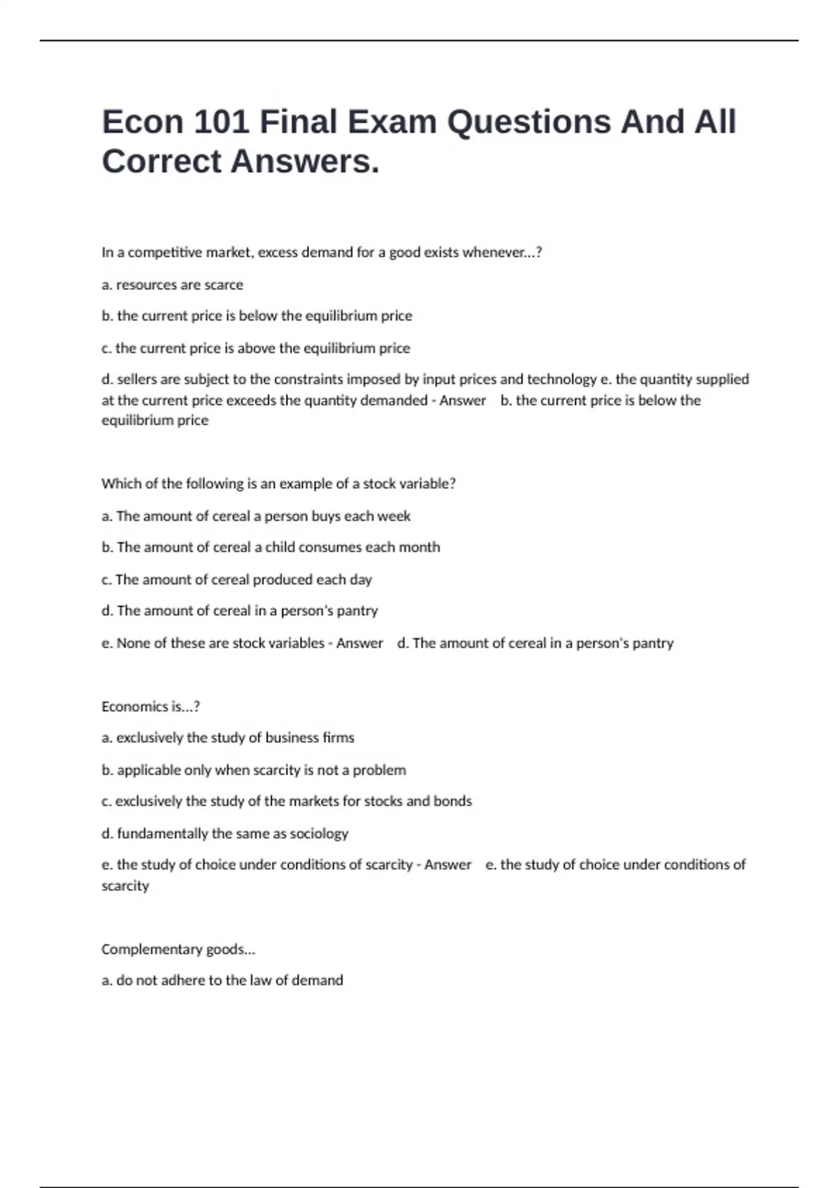 Econ 101 Final Exam Questions And All Correct Answers. - Econ 101 ...