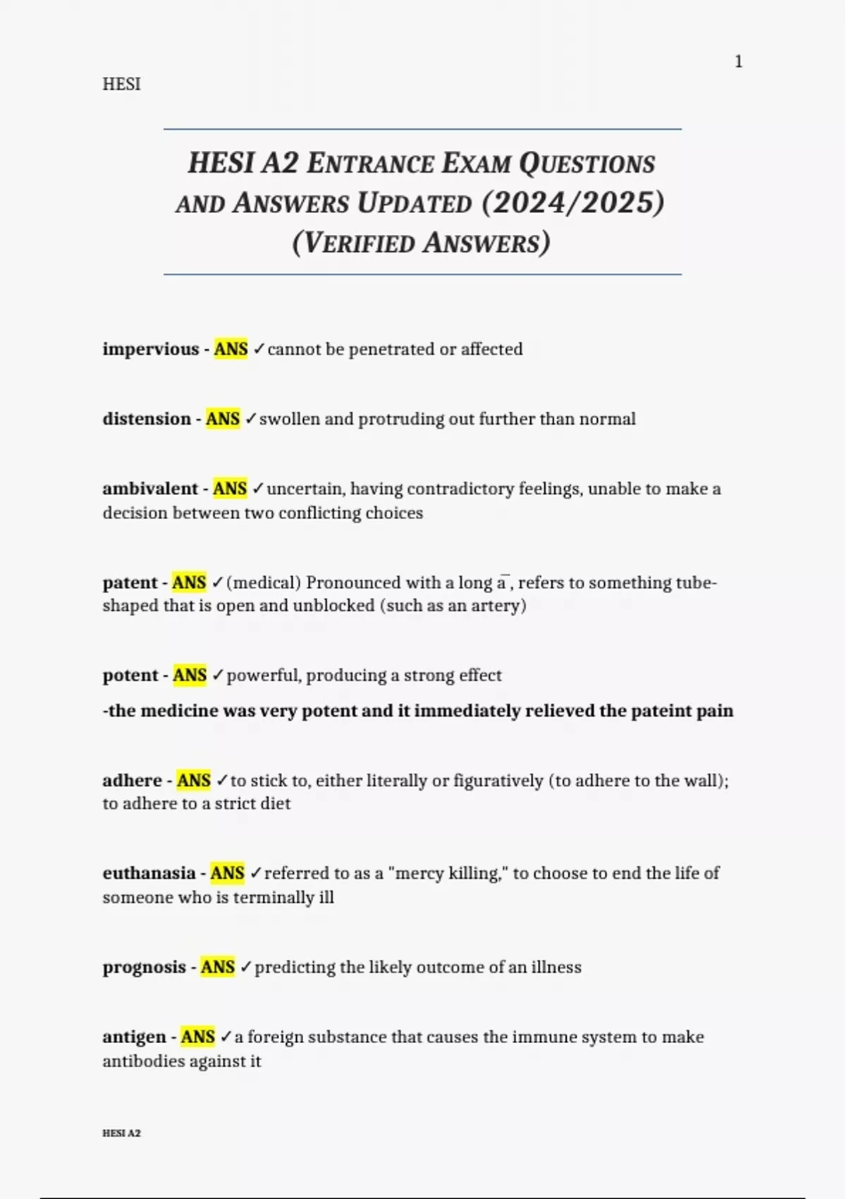 HESI A2 ENTRANCE EXAM QUESTIONS AND ANSWERS UPDATED (2024/2025 ...