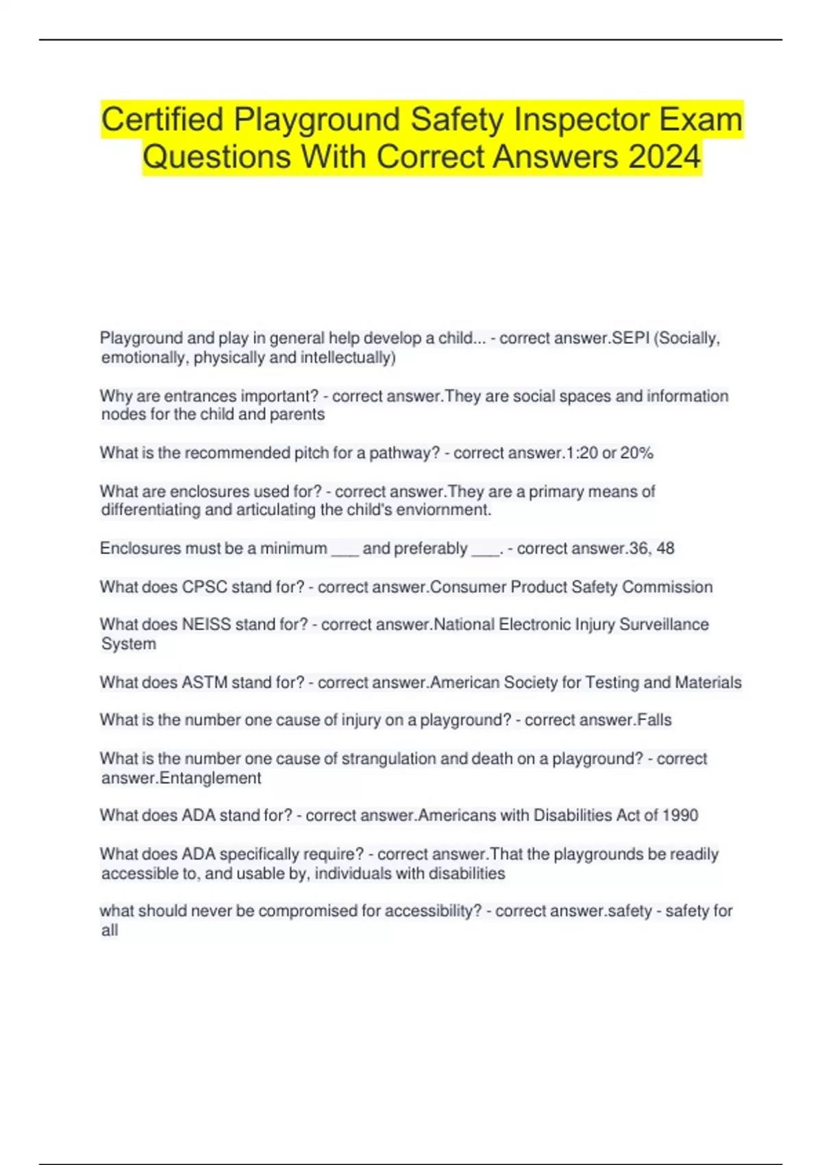 Certified Playground Safety Inspector Exam Questions With Correct ...