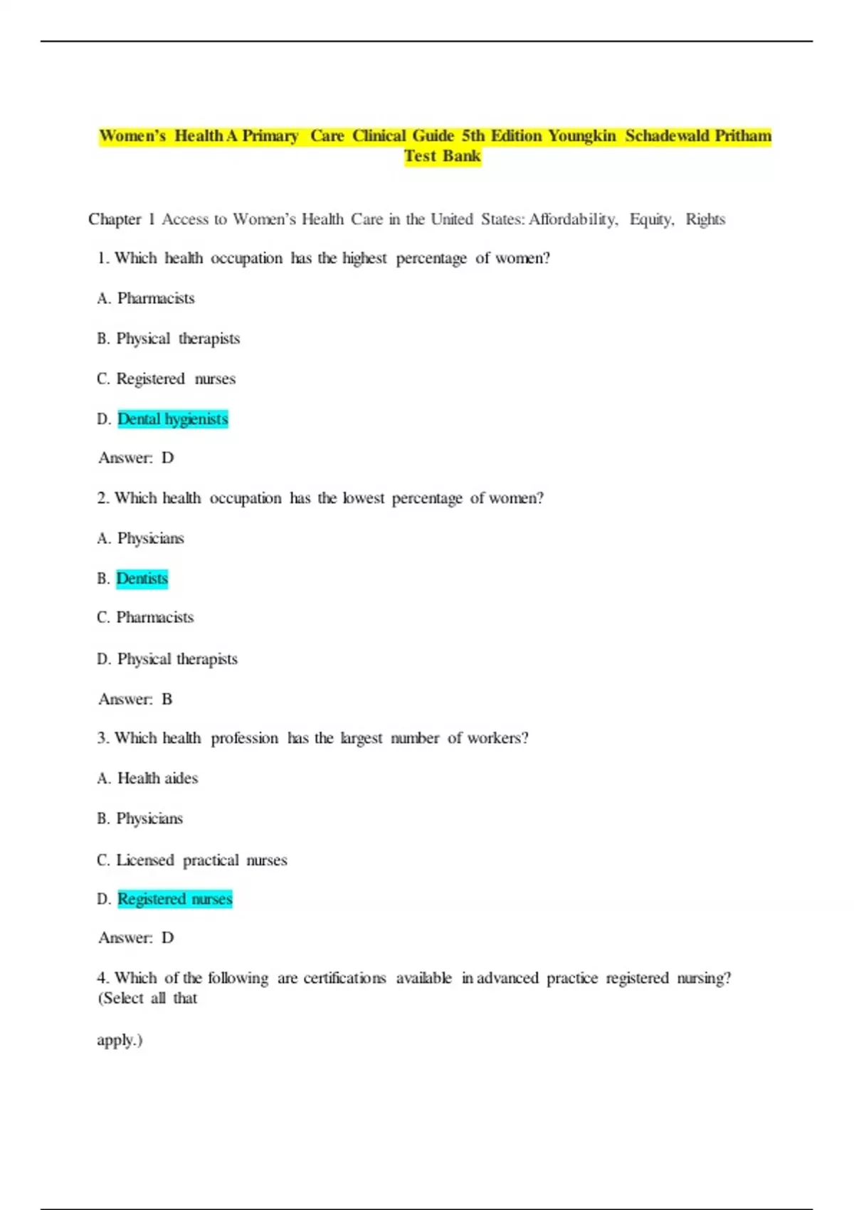 Test Bank for Women's Health A Primary Care Clinical Guide 5th Edition