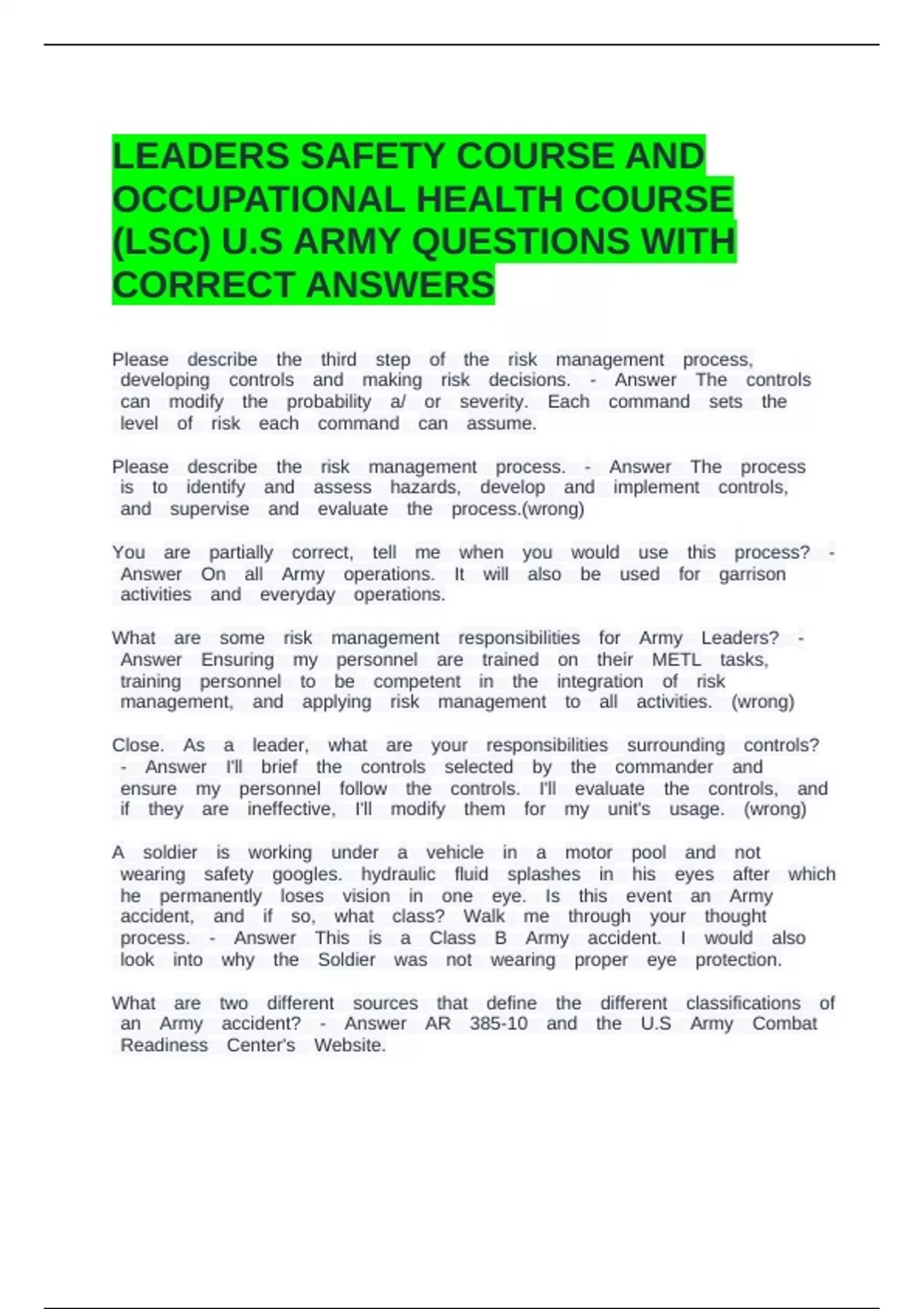 LEADERS SAFETY COURSE AND OCCUPATIONAL HEALTH COURSE (LSC) U S ARMY