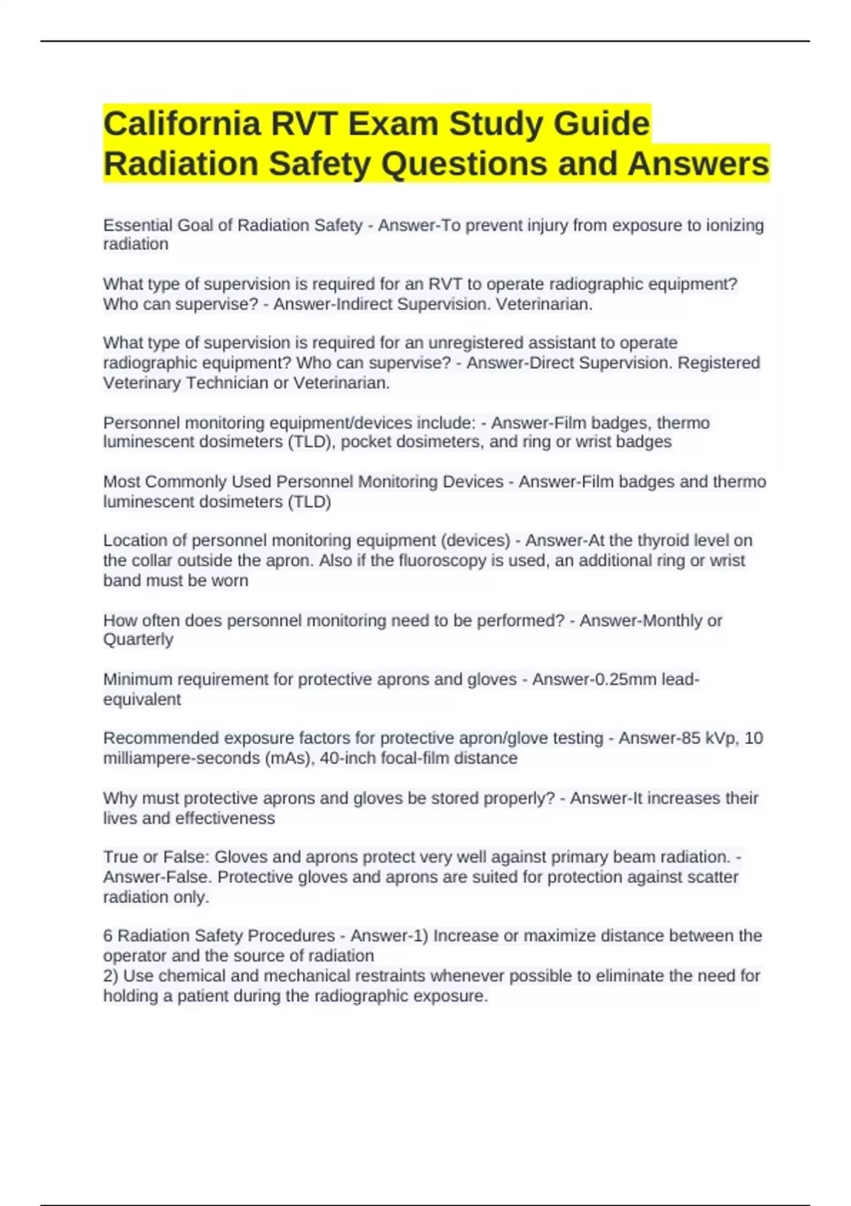 Rvt Study Material California RVT Exam Study Guide Radiation Safety Questions and Answers ...