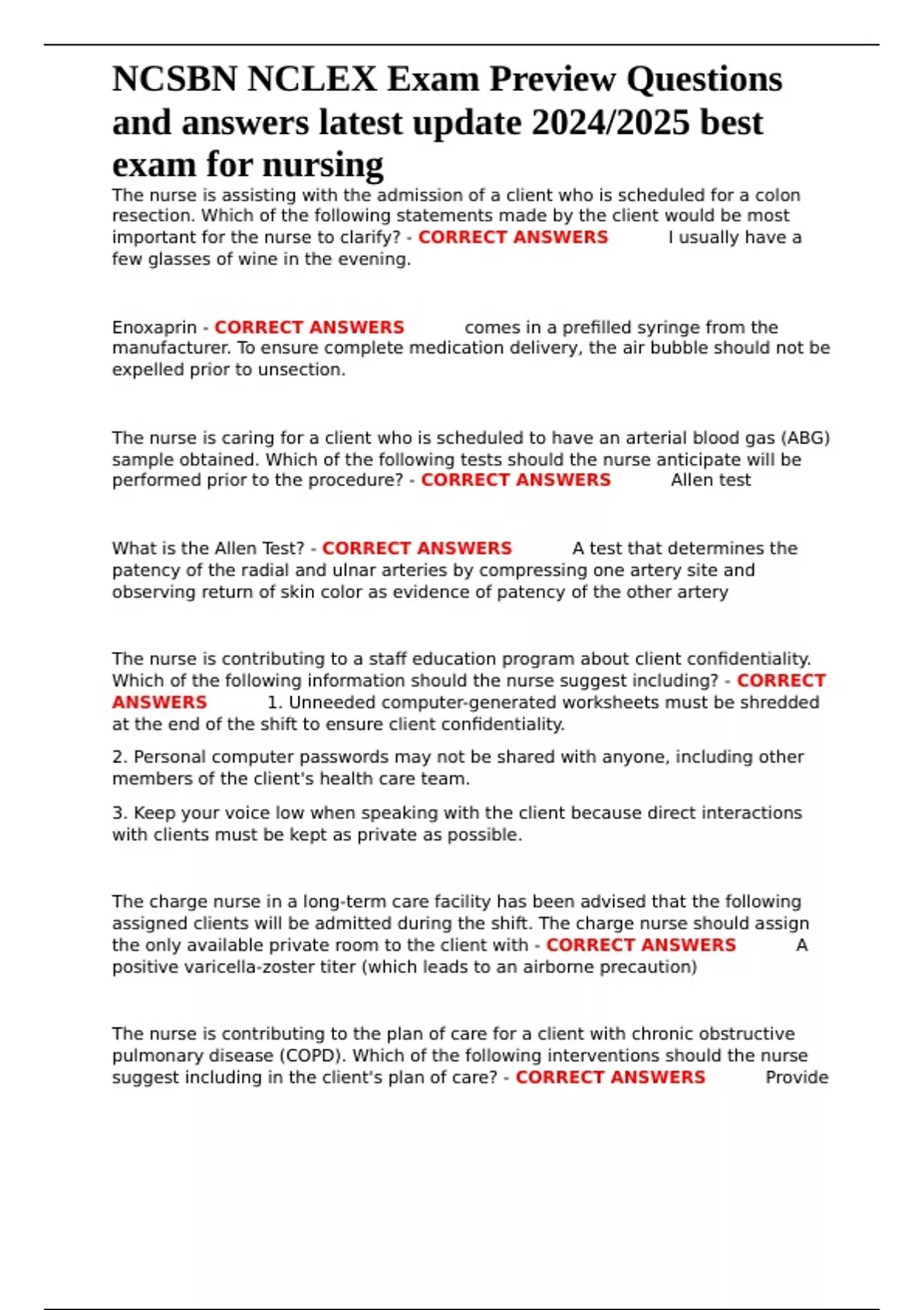 NCSBN NCLEX Exam Preview Questions and answers latest update 2024/2025