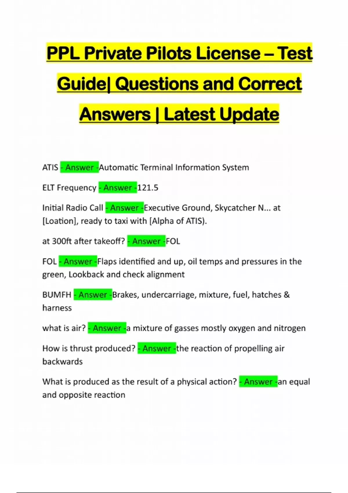 Ppl Study Guide PPL Private Pilots License – Test Guide| Questions and Correct Answers ...