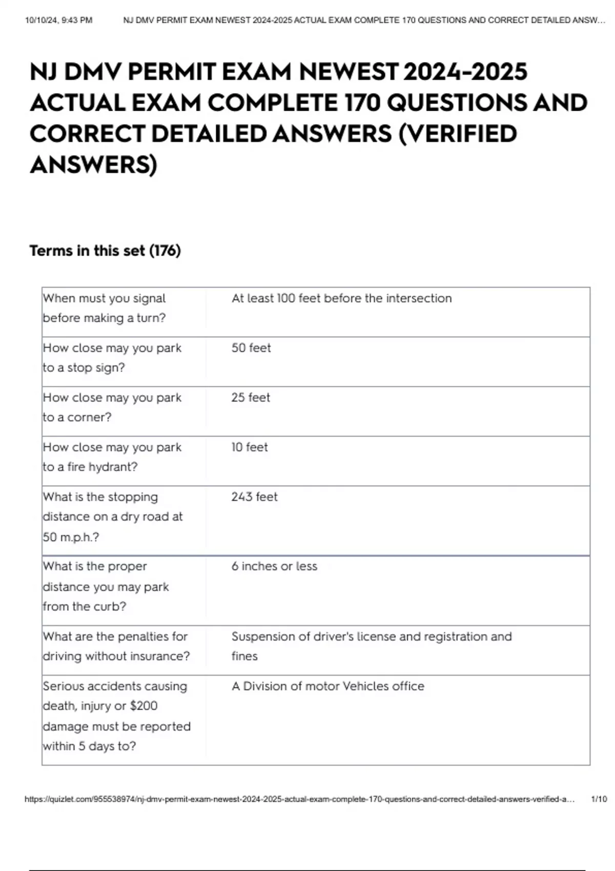 Nj Examination Permit Example NJ DMV PERMIT EXAM NEWEST ACTUAL EXAM COMPLETE 170 QUESTIONS AND ...