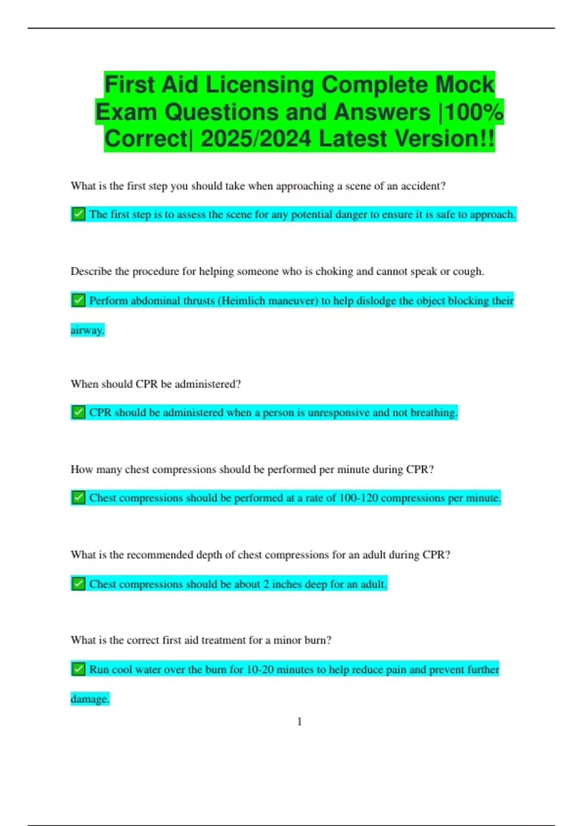 First Aid Licensing Complete Mock Exam Questions and Answers 100