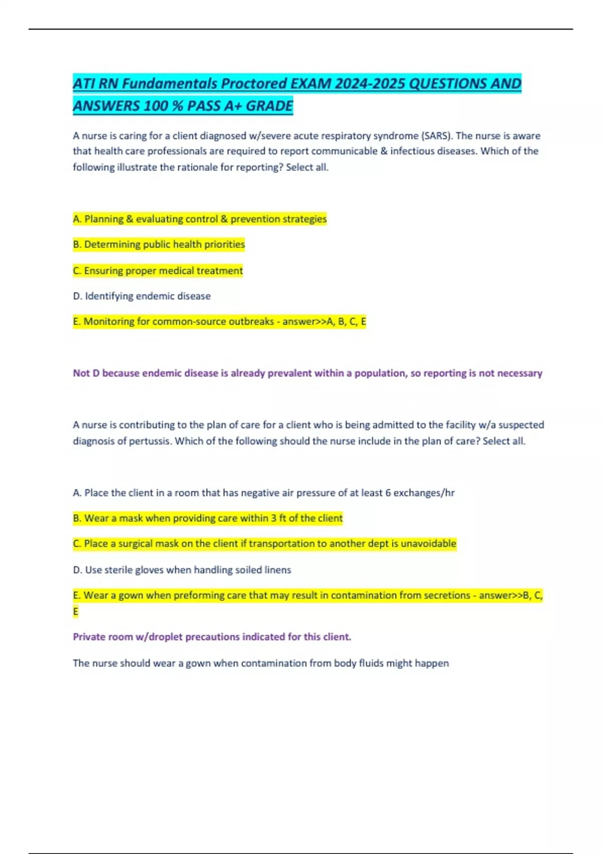 ATI RN Fundamentals Proctored EXAM QUESTIONS AND ANSWERS 100 % PASS A+ ...