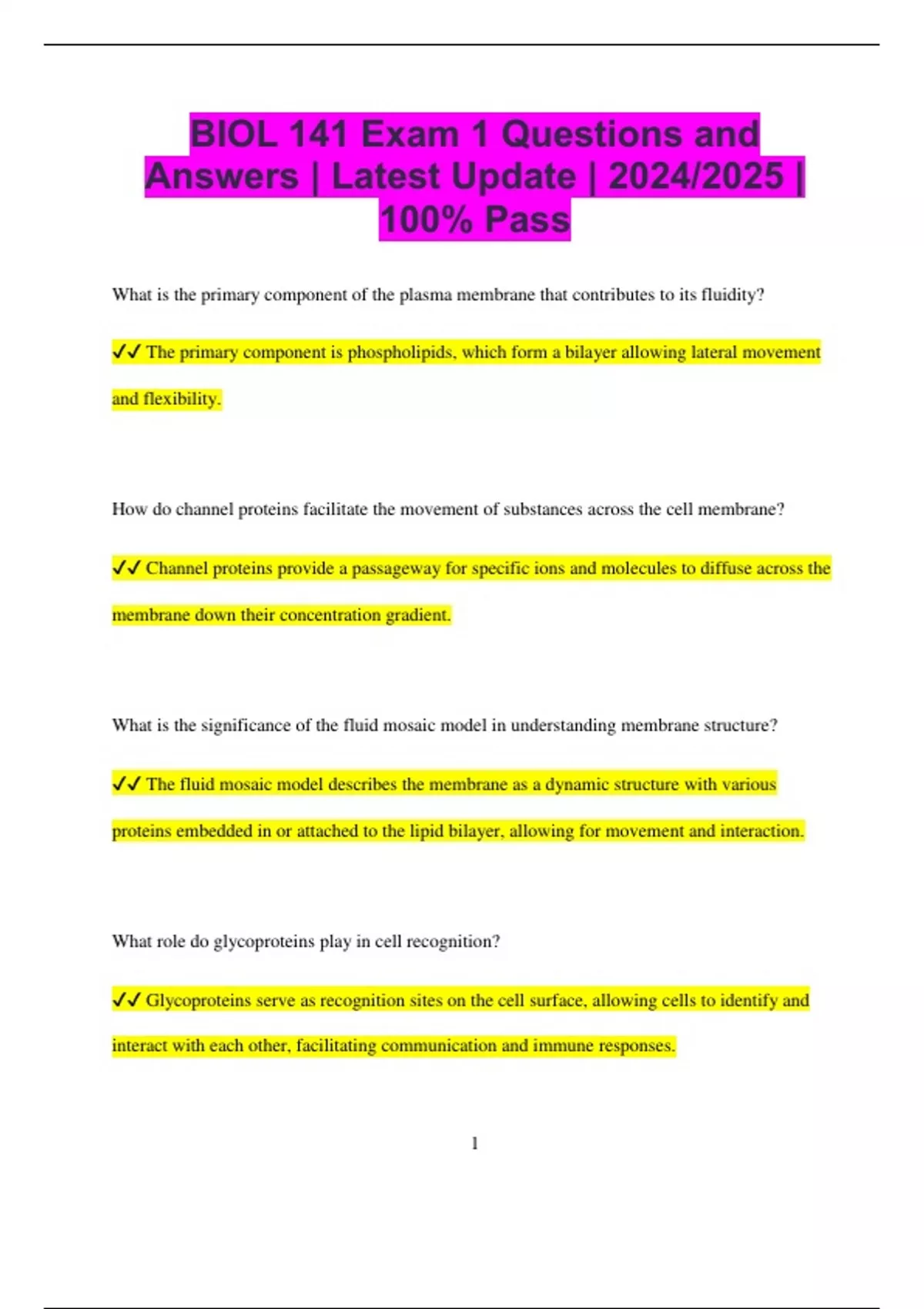 BIOL 141 Exam 1 Questions and Answers | Latest Update | 2024/2025 | 100 ...
