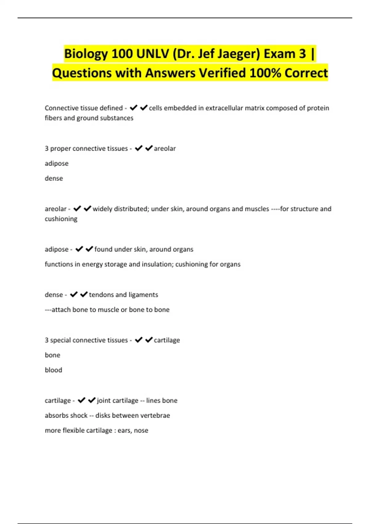Biology 100 UNLV (Dr. Jef Jaeger) Exam 3 | Questions with Answers ...