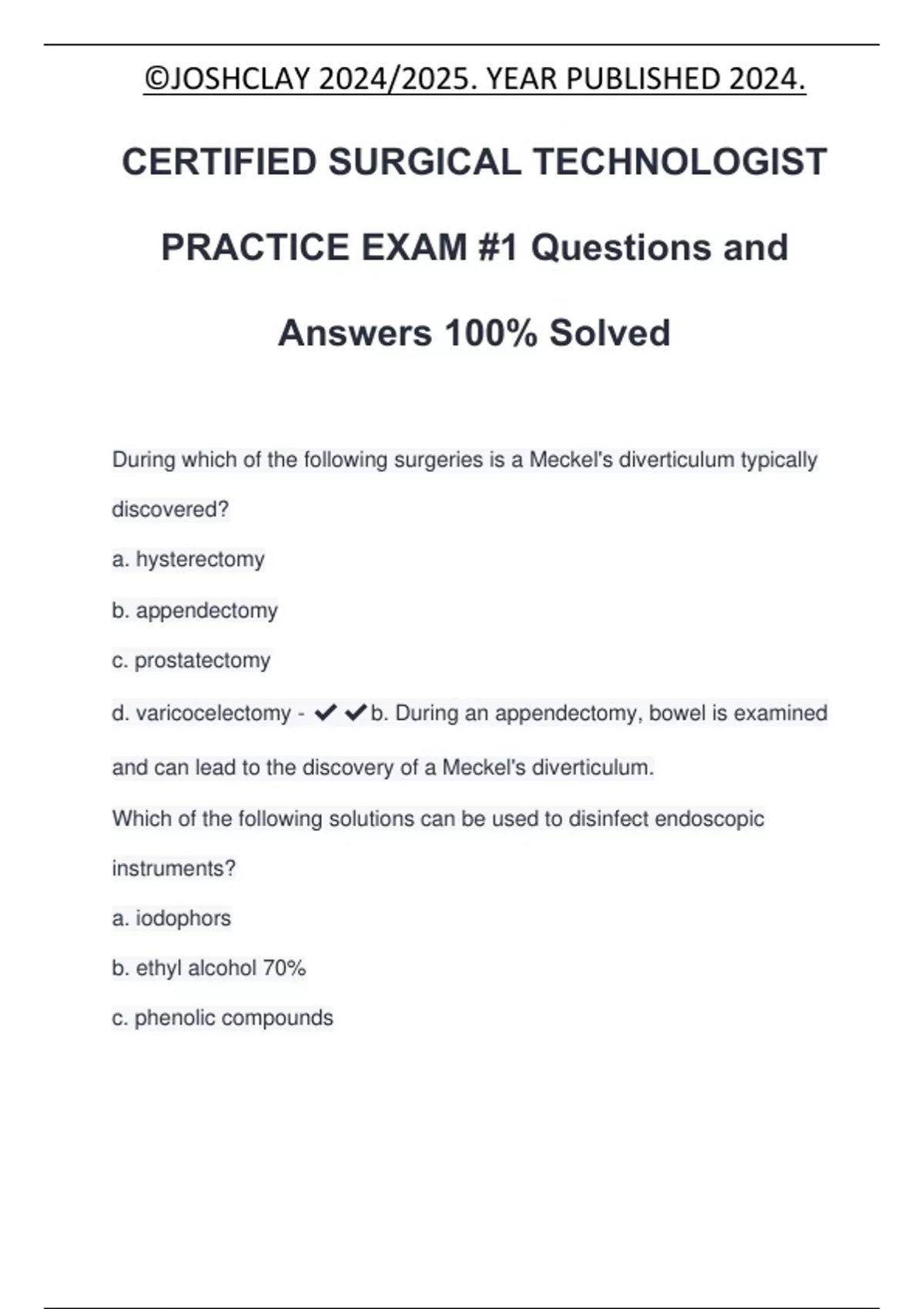 CERTIFIED SURGICAL TECHNOLOGIST PRACTICE EXAM #1 Questions and Answers ...
