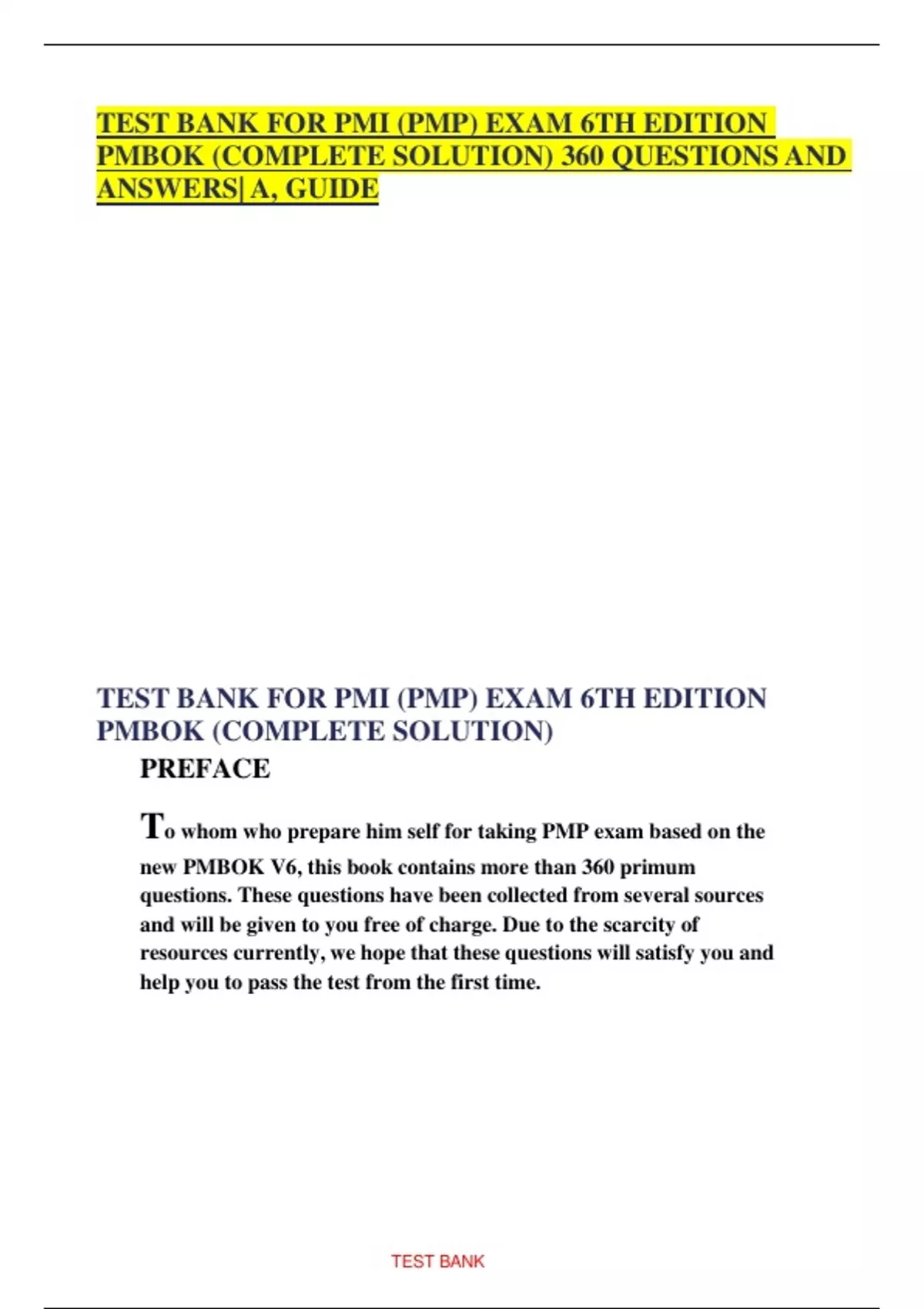 Example Pmi Test Questions TEST BANK FOR PMI (PMP) EXAM 6TH EDITION PMBOK (COMPLETE SOLUTION) 360 ...