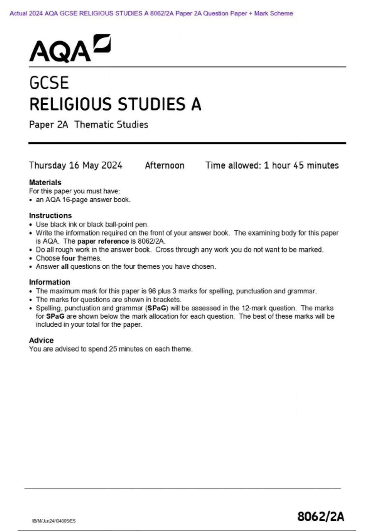 Actual 2024 AQA GCSE RELIGIOUS STUDIES A 8062/2A Paper 2A Question
