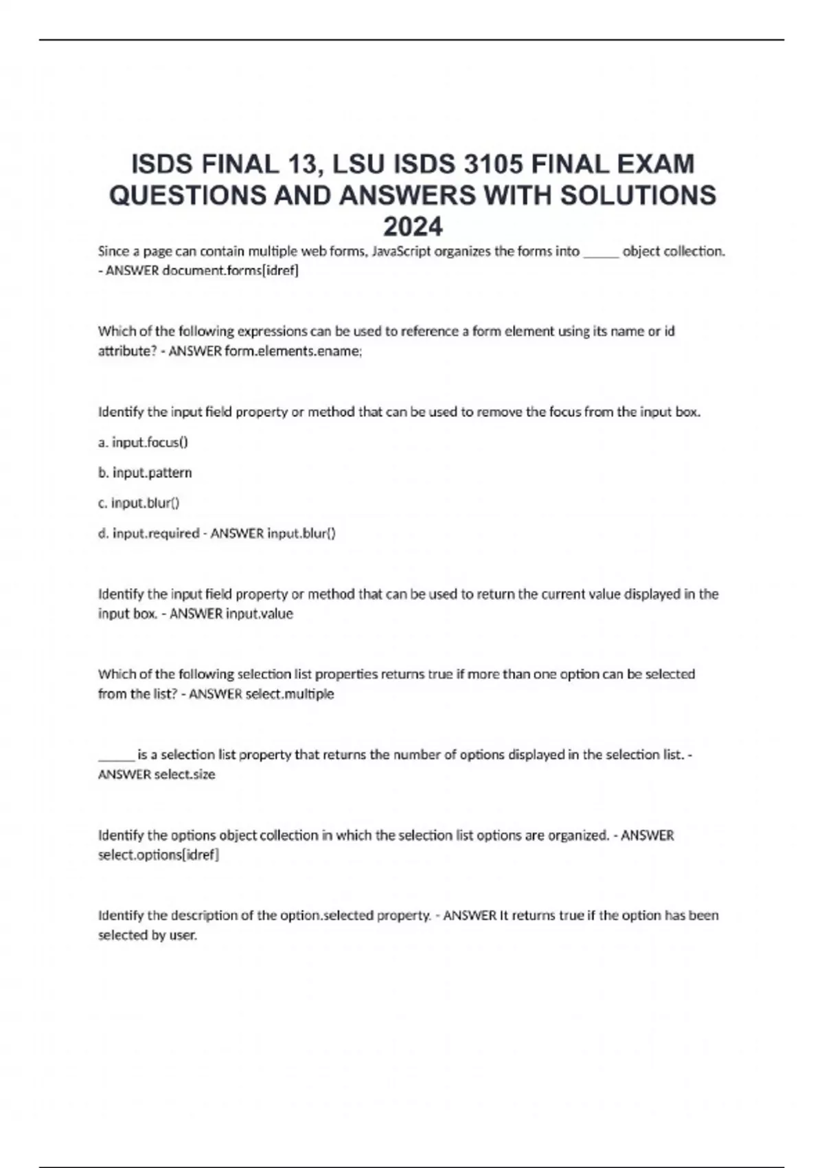 ISDS FINAL 13, LSU ISDS 3105 FINAL EXAM QUESTIONS AND ANSWERS WITH ...