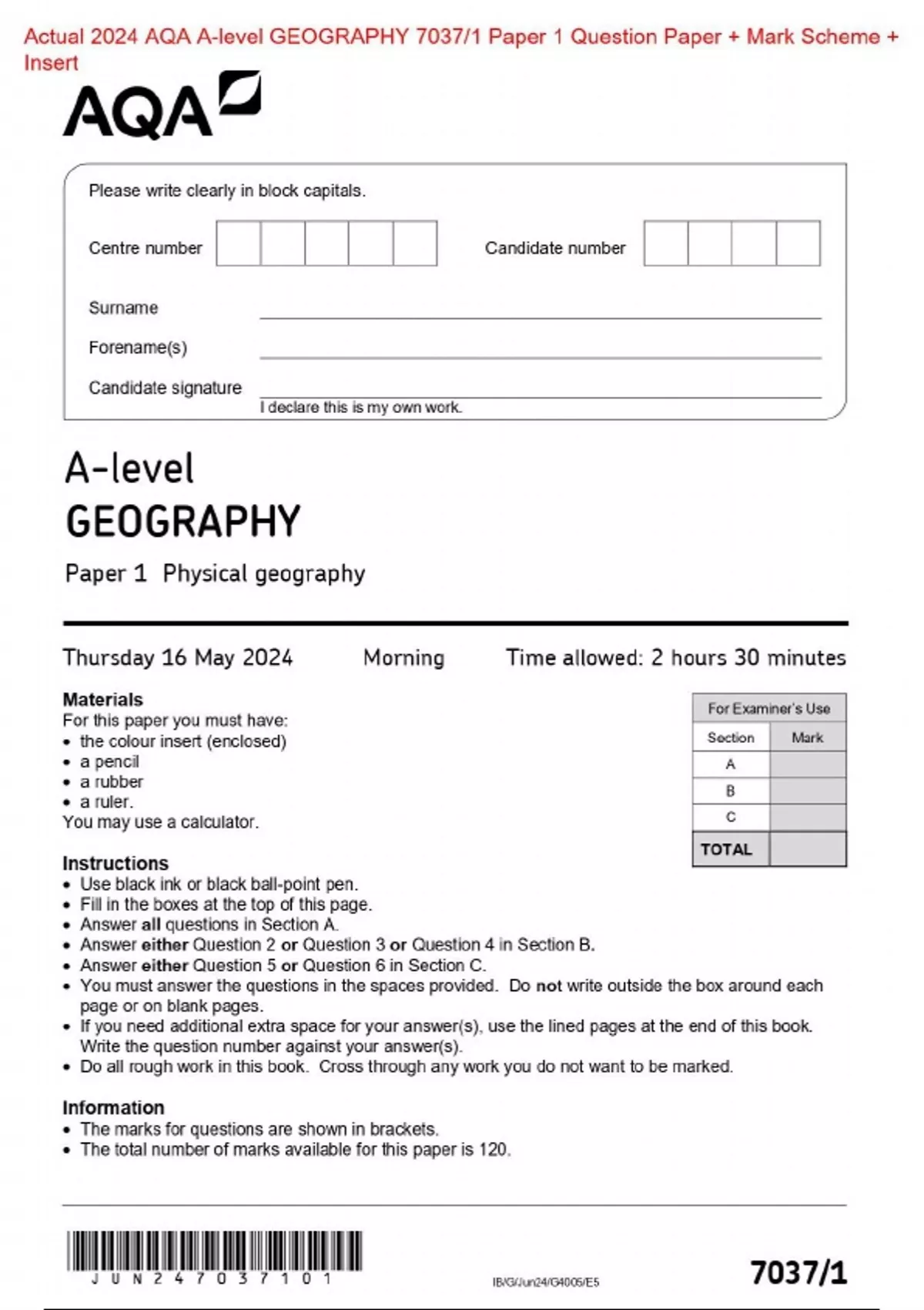 Actual 2024 AQA Alevel GEOGRAPHY 7037/1 Paper 1 Physical geography