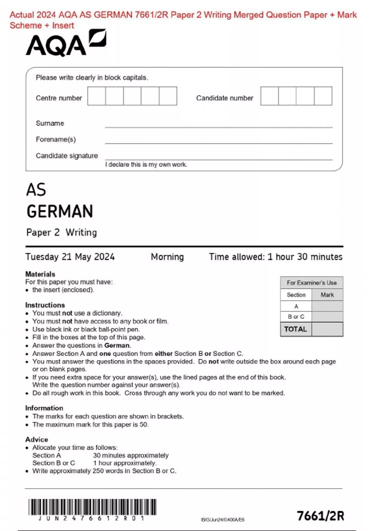 Actual 2024 AQA AS GERMAN 7661/2R Paper 2 Writing Merged Question Paper