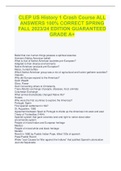 CLEP US History 1 Crash Course ALL ANSWERS 100&percnt; CORRECT SPRING FALL 2023&sol;24 EDITION GUARANTEED GRADE A&plus;