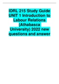 IDRL 215 Study Guide UNIT 1 Introduction to Labour Relations (Athabasca University) 2022 new questions and answer
