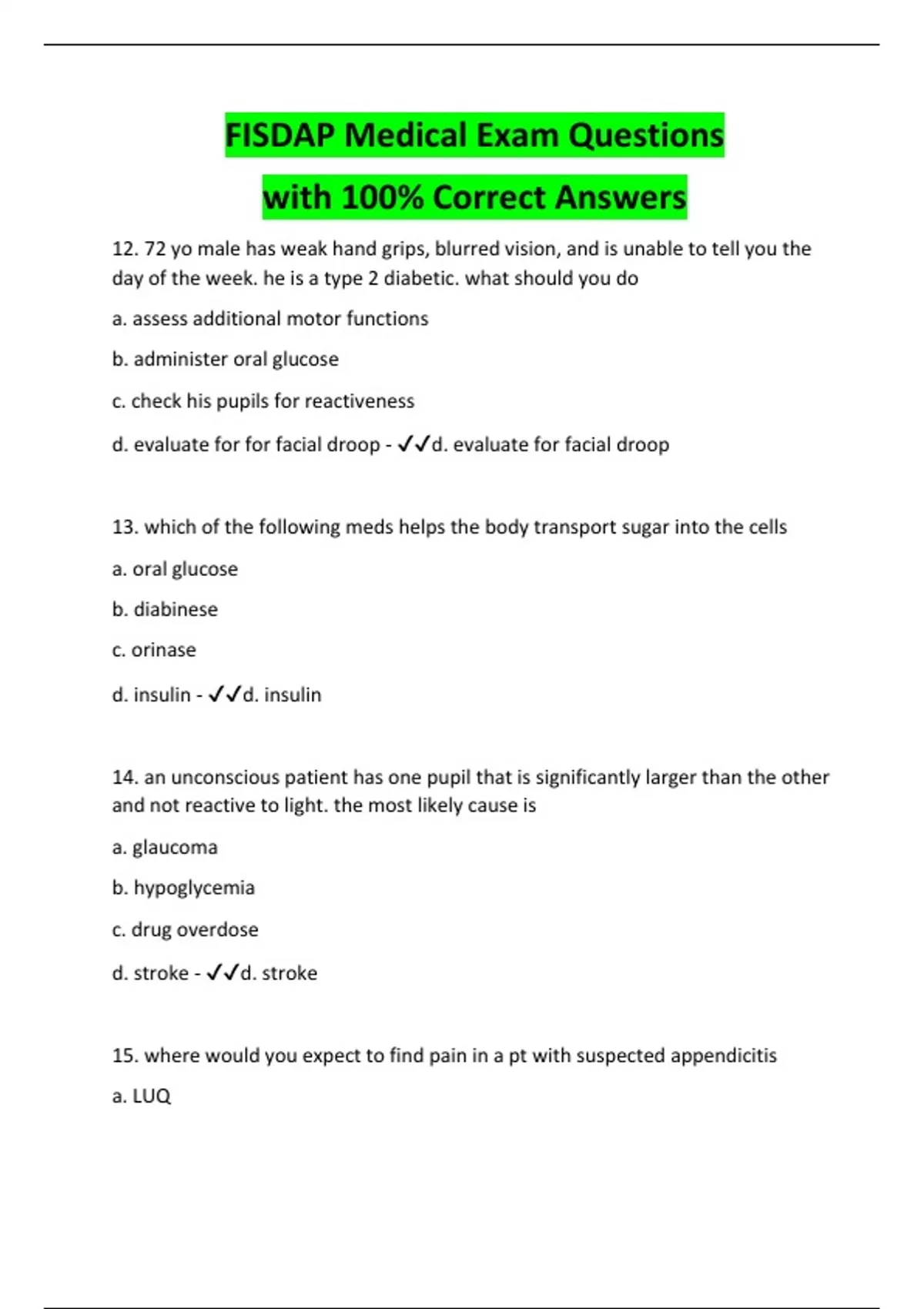 FISDAP Medical Exam Questions with 100% Correct Answers - Fisdap ...