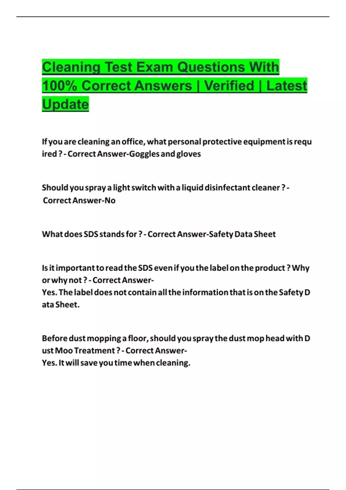 Cleaning Test Exam Questions With 100% Correct Answers | Verified ...