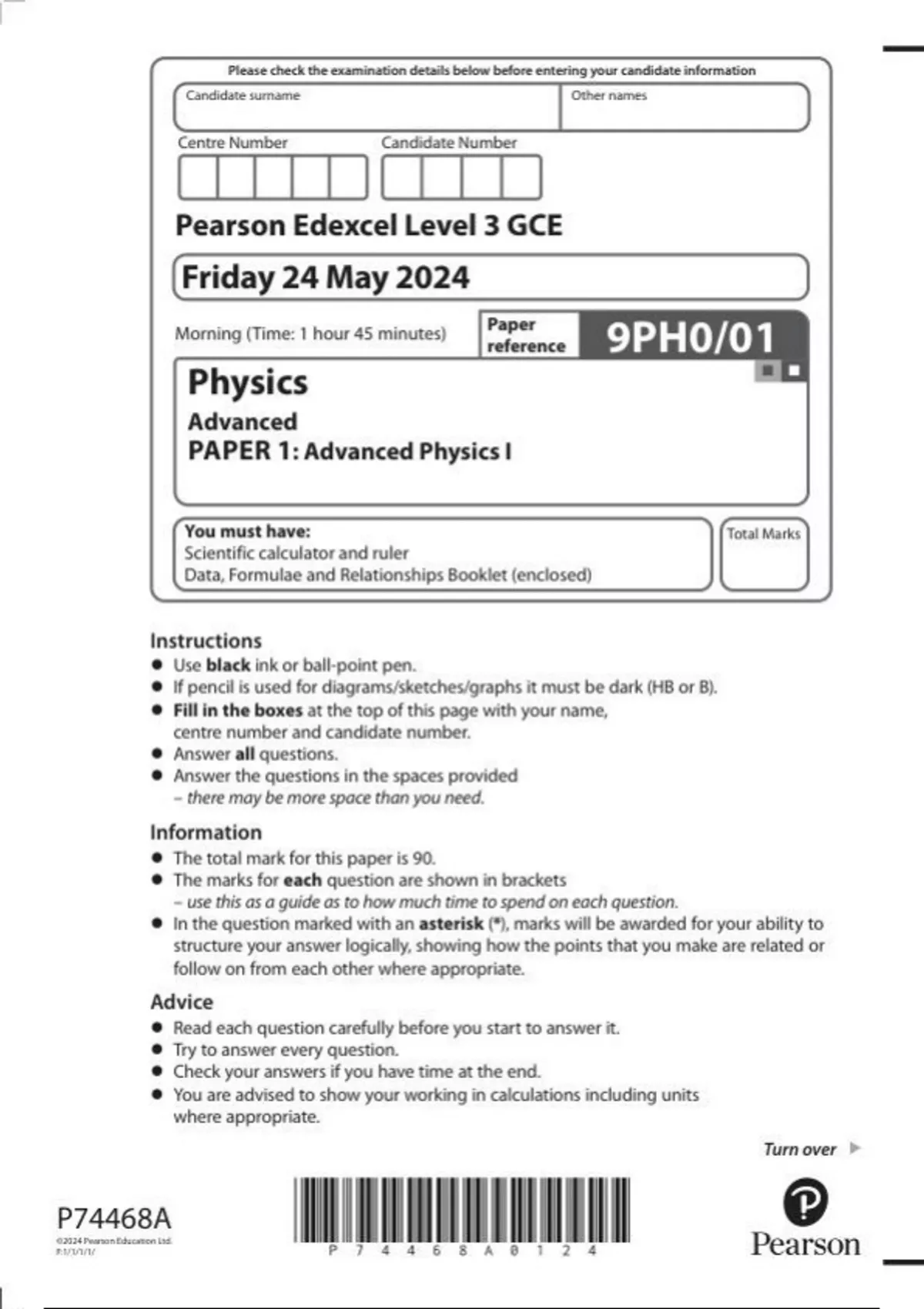 Pearson Edexcel A Level 3 GCE In Physics 9PH0 Paper 01 Advanced Pearson edexcel a level 3 gce in physics 9ph0 paper 01 advanced