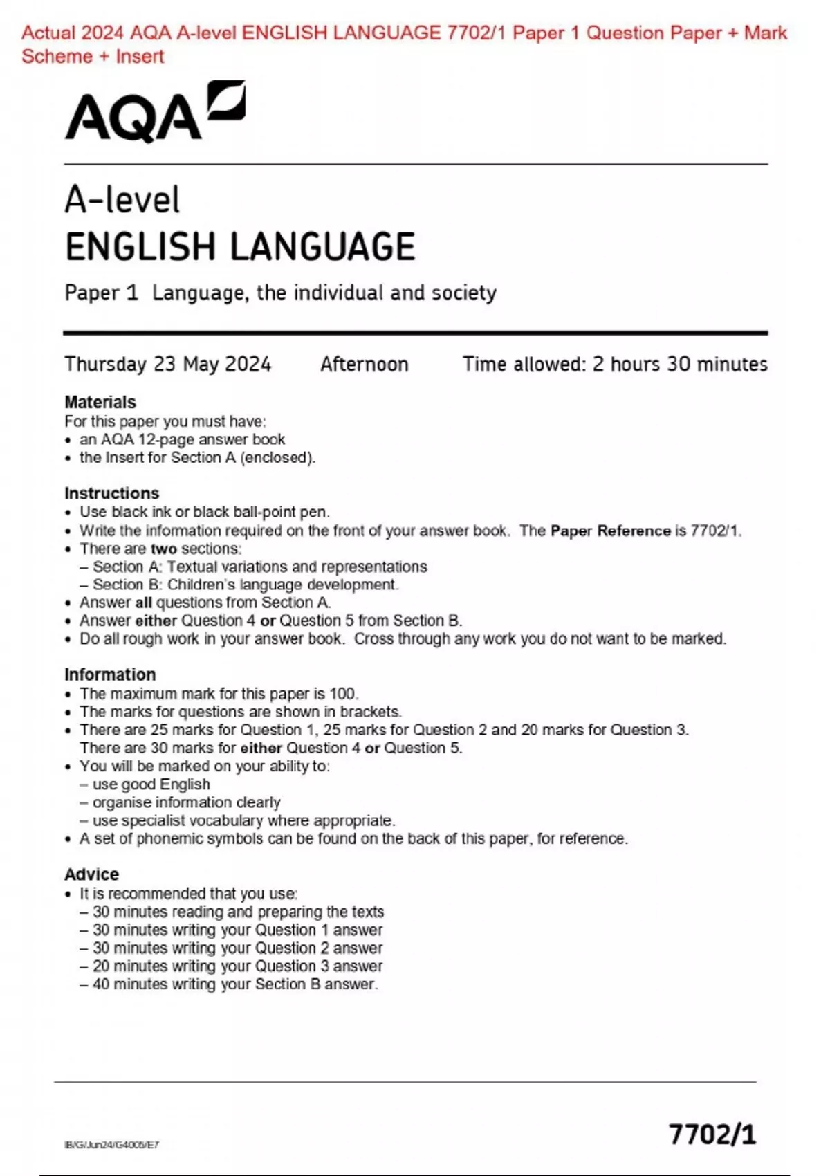 Actual 2024 AQA Alevel ENGLISH LANGUAGE 7702/1 Paper 1 Question Paper