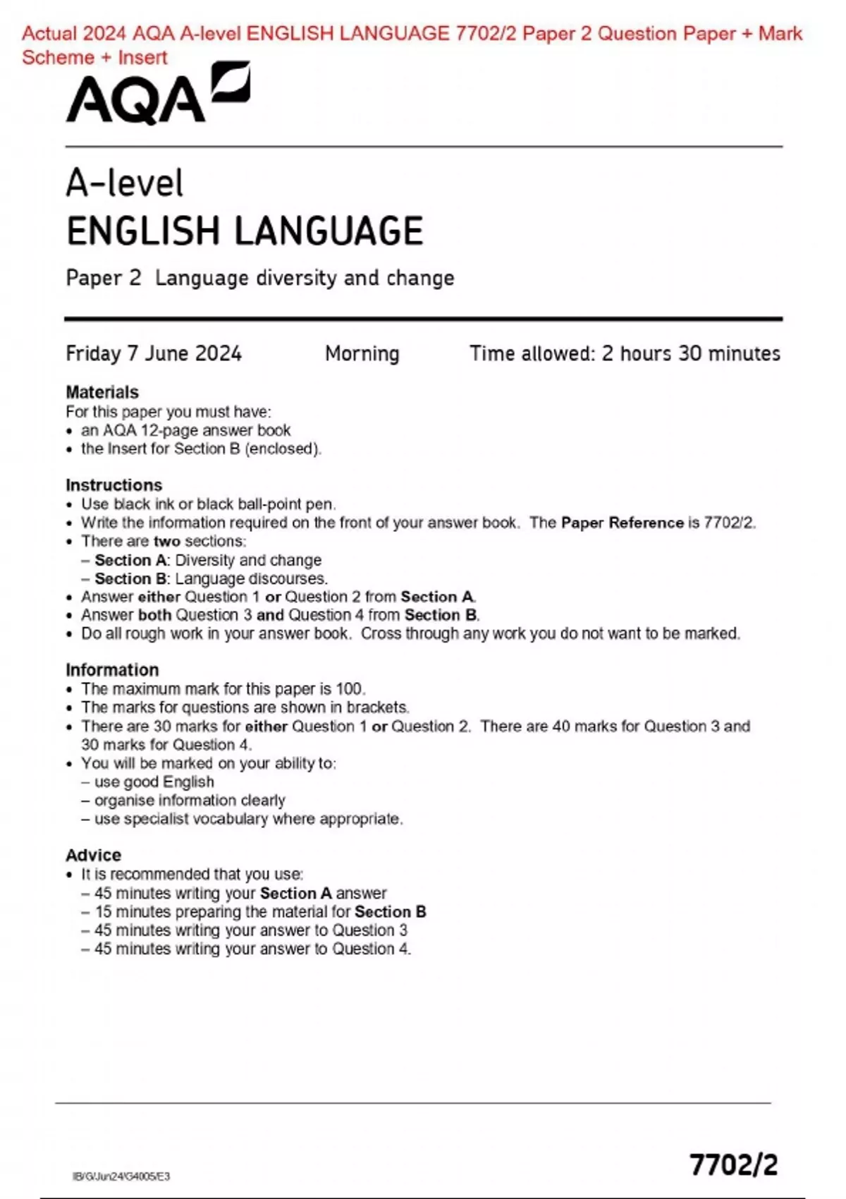 Actual 2024 AQA Alevel ENGLISH LANGUAGE 7702/2 Paper 2 Question Paper