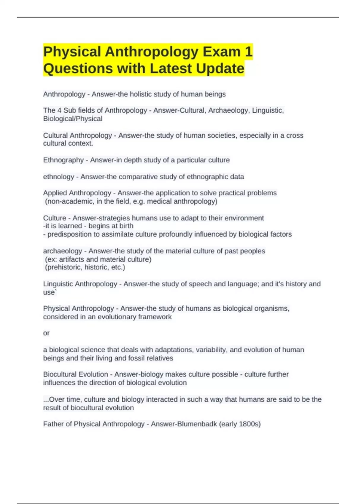 Physical Anthropology Exam 1 Questions with Latest Update ...
