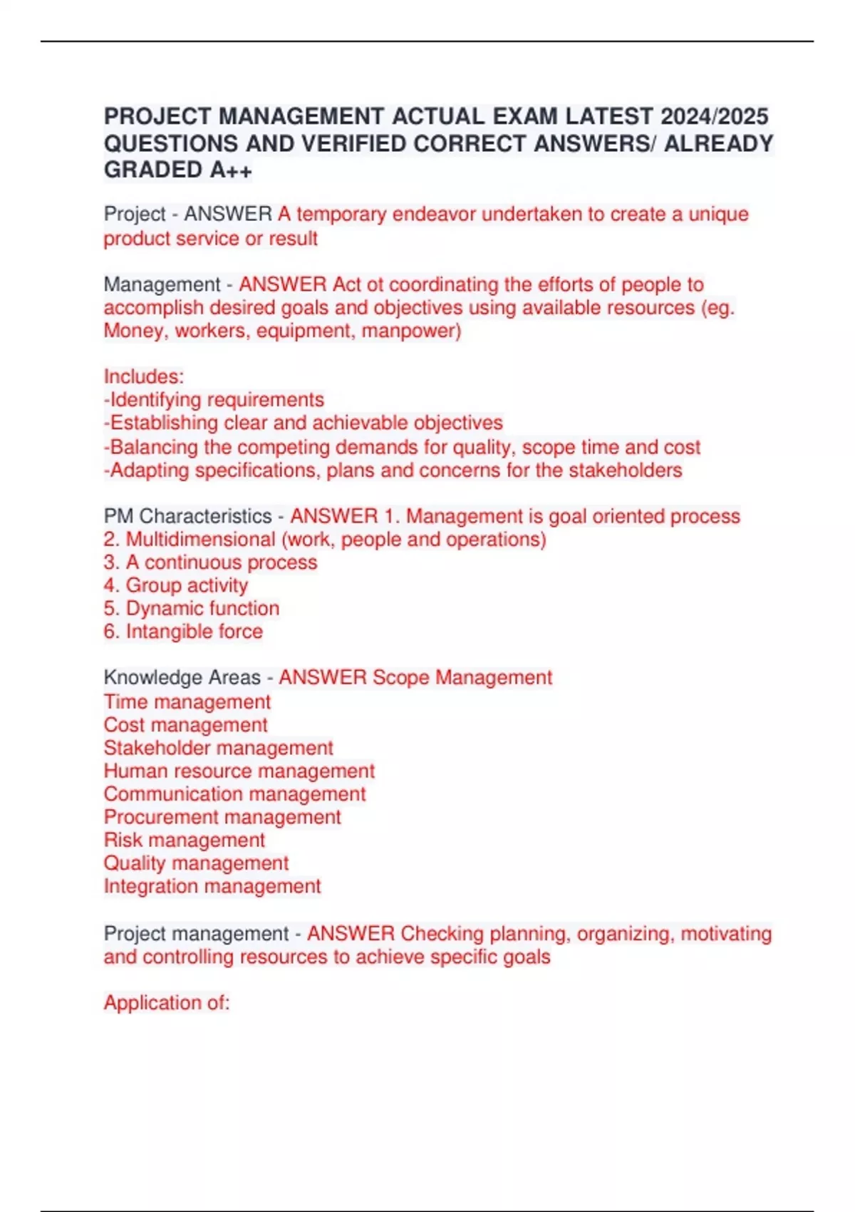 PROJECT MANAGEMENT ACTUAL EXAM LATEST 2024/2025 QUESTIONS AND VERIFIED ...