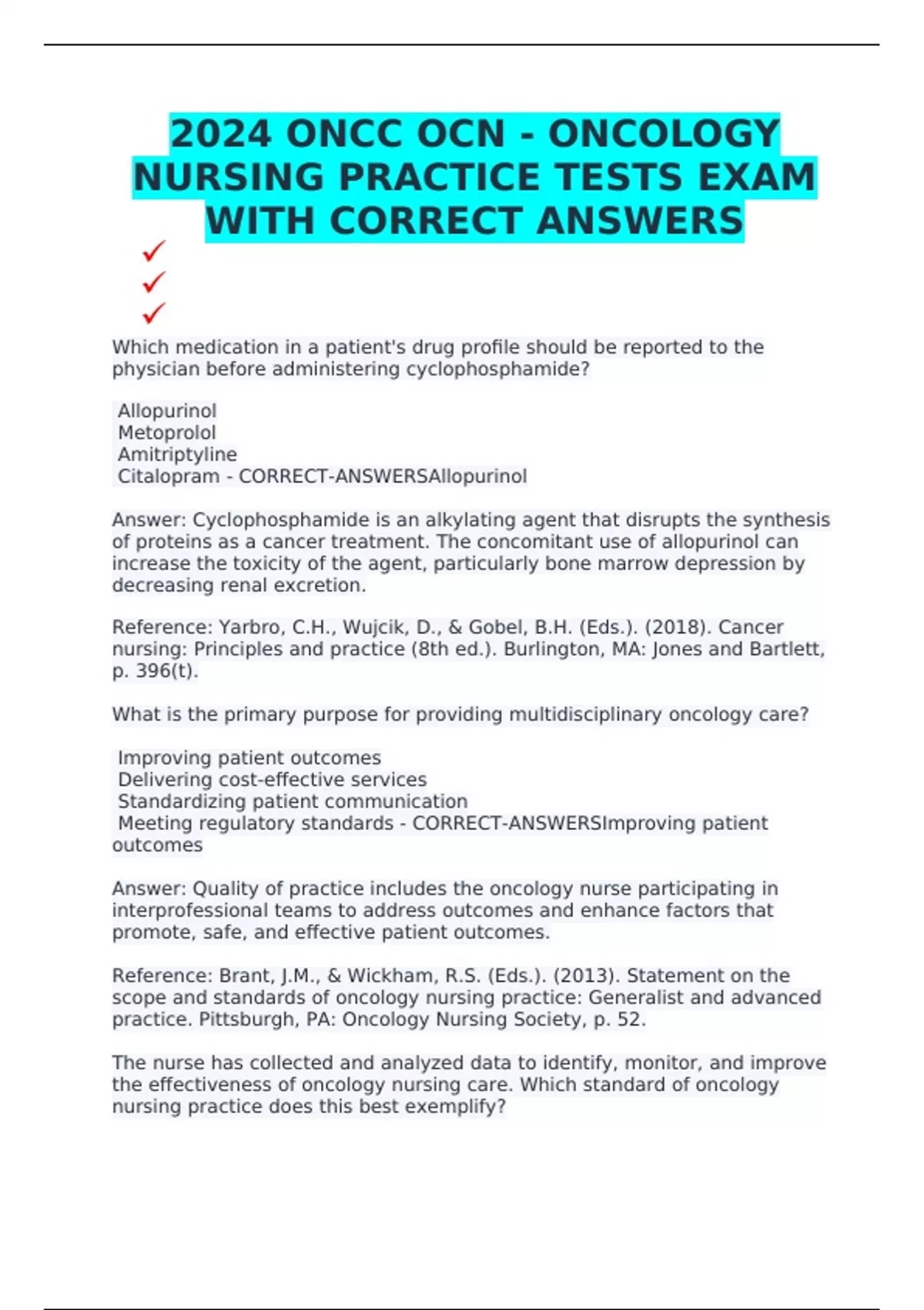 2024 ONCC OCN - ONCOLOGY NURSING PRACTICE TESTS EXAM WITH CORRECT ...