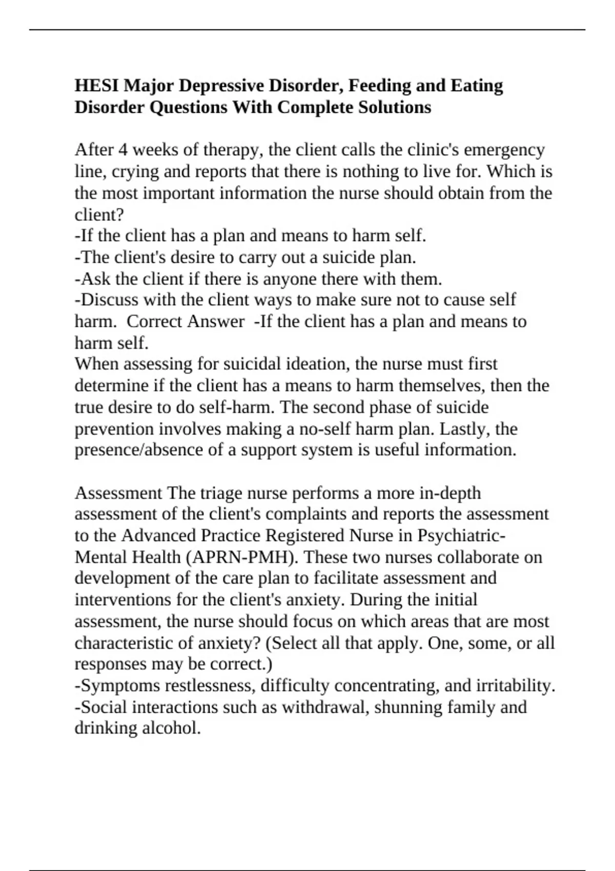 HESI Major Depressive Disorder, Feeding and Eating Disorder Questions ...