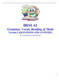 HESI A2 Grammar, Vocab, Reading, & Math Version 2 (QUESTIONS AND ANSWERS