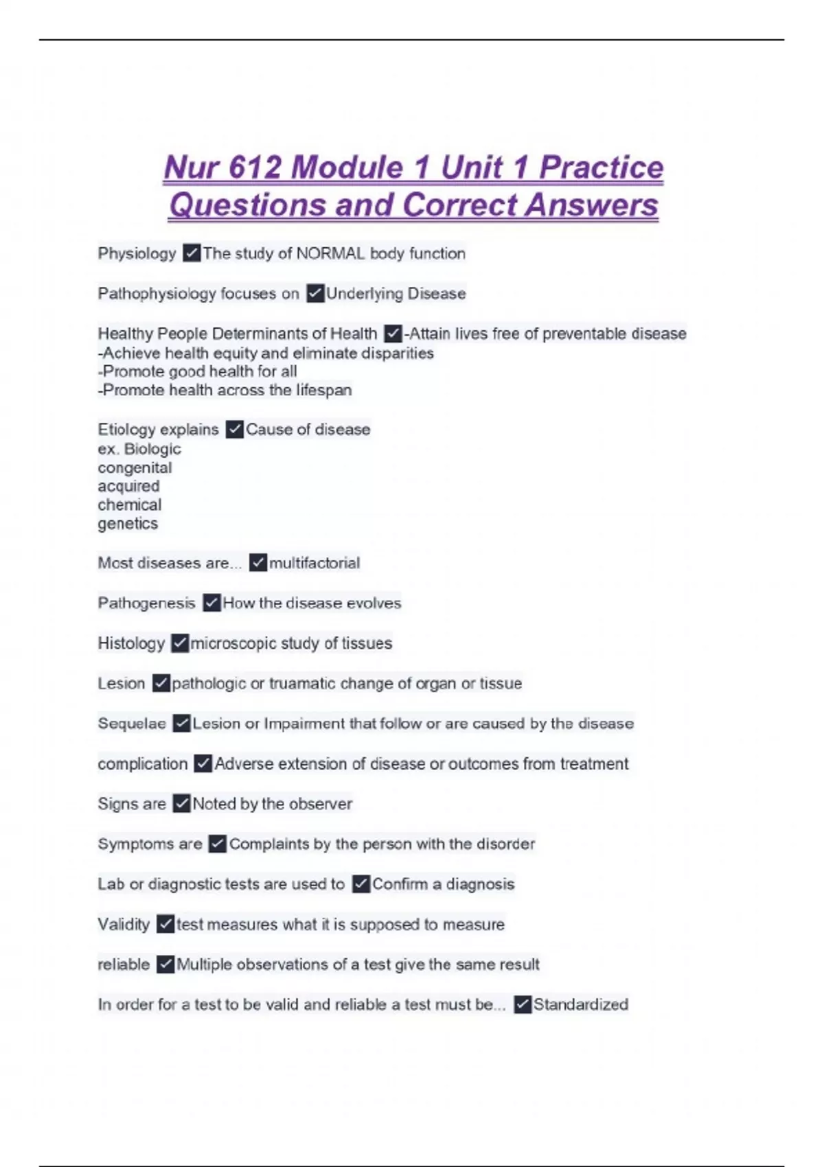 Nur 612 Module 1 Unit 1 Practice Questions and Correct Answers - NUR ...