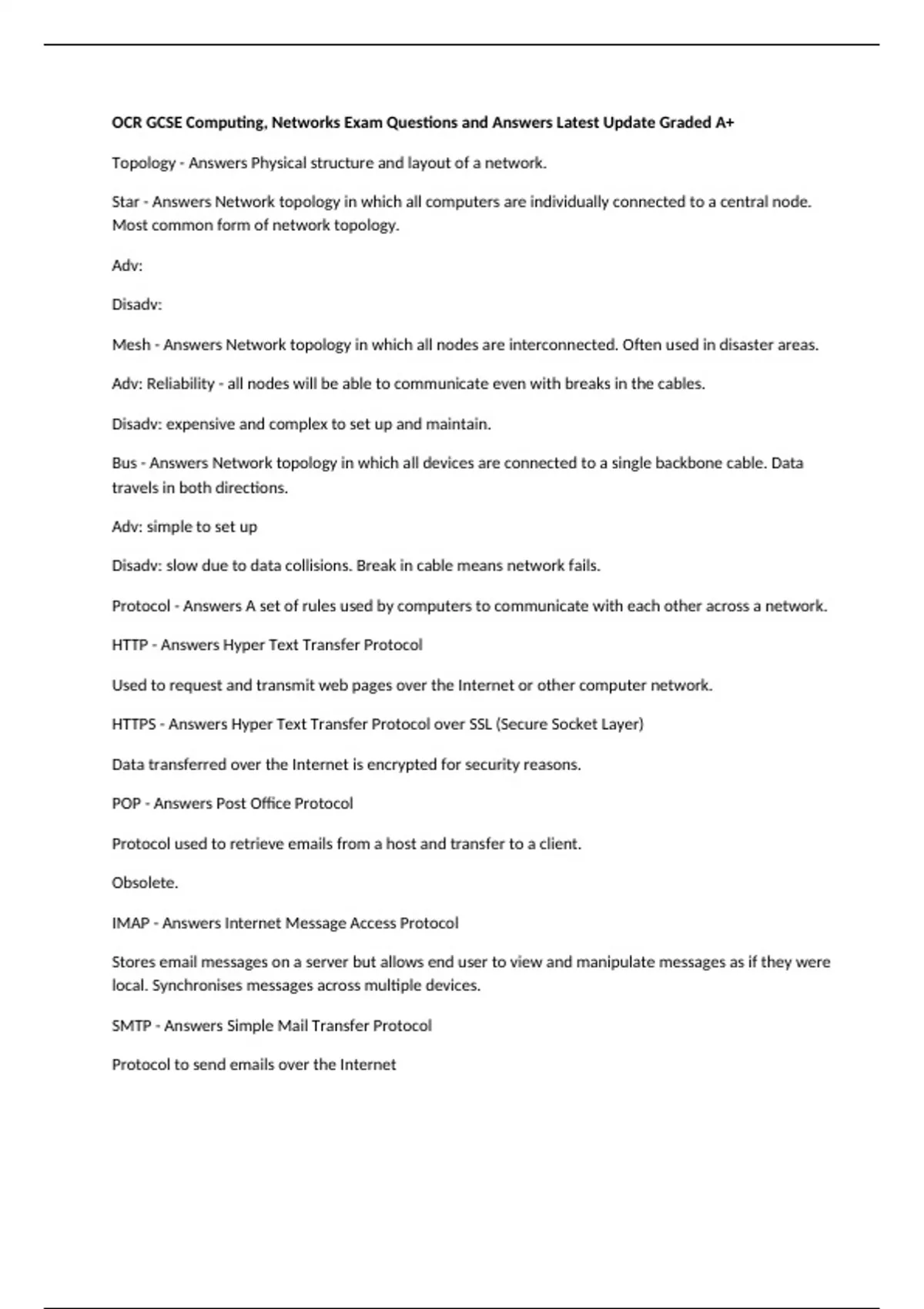 OCR GCSE Computing, Networks Exam Questions and Answers Latest Update ...