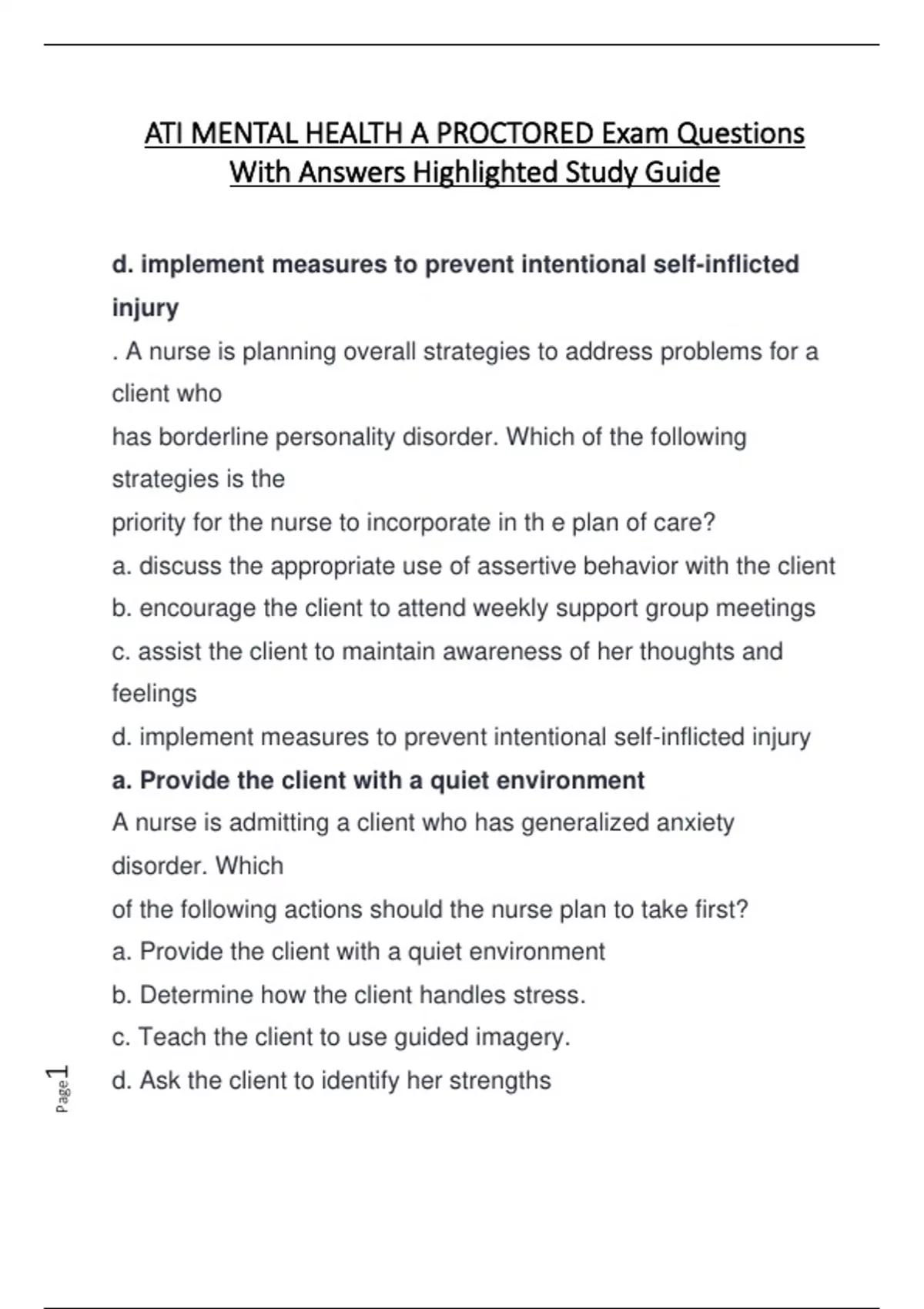 ATI MENTAL HEALTH A PROCTORED Exam Questions With Answers Highlighted ...