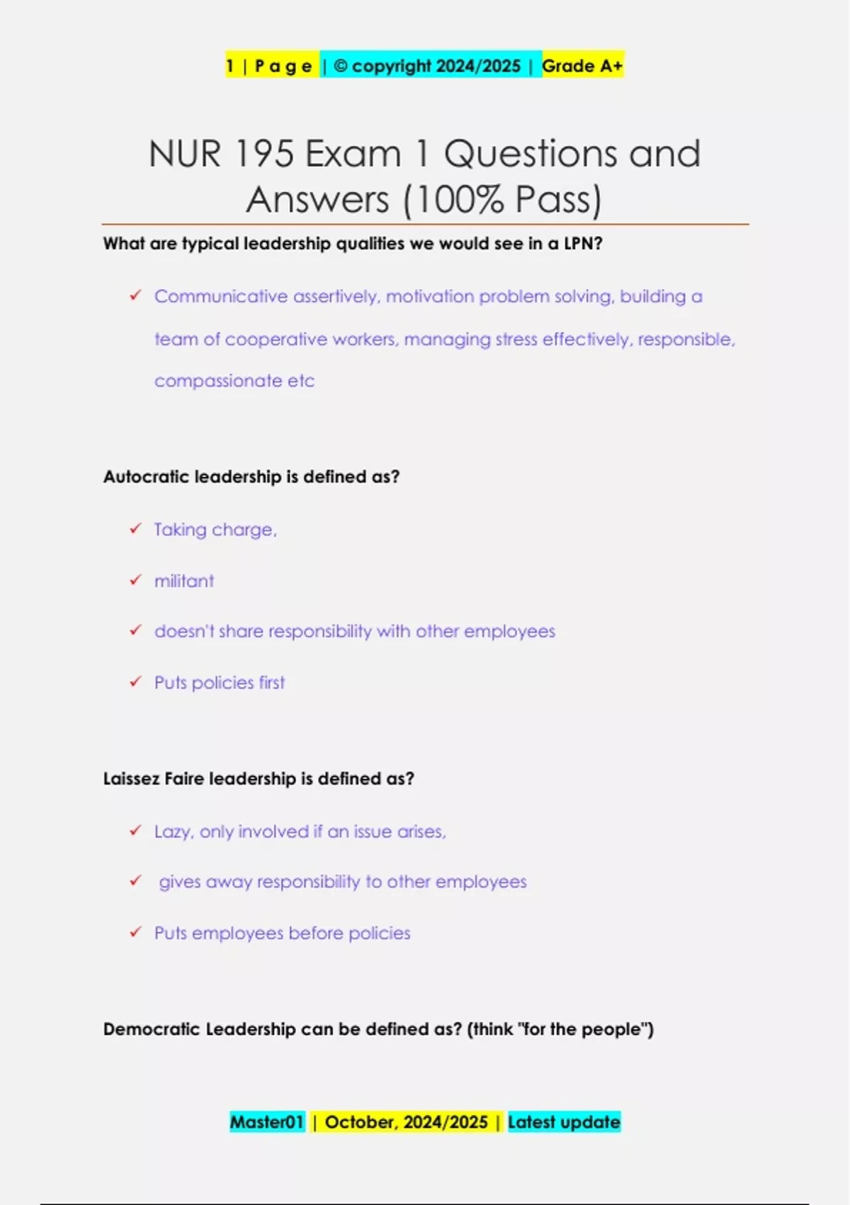 NUR 195 Exam 1 Questions and Answers (100% Pass) - NUR 195 - Stuvia US