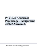 PSY350 Notes - Abnormal Behavior in Historical Context | PSY 350: Abnormal Psychology – Assignment 4 2022 Answered | PSY 350 Week 2 Quiz – Latest Correct Answers & PSY 350 Week 3 Outline Physiological Psychology 2022/2023