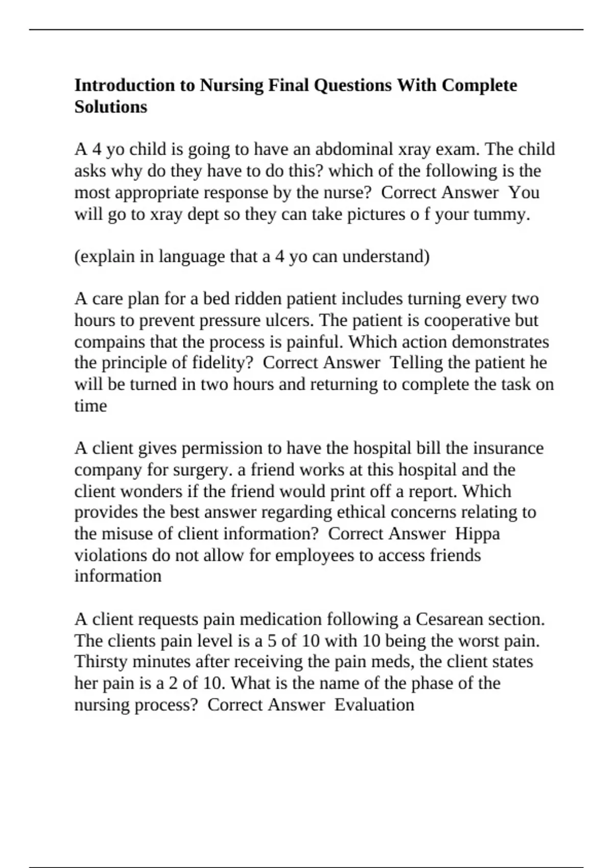 Introduction to Nursing Final Questions With Complete Solutions ...