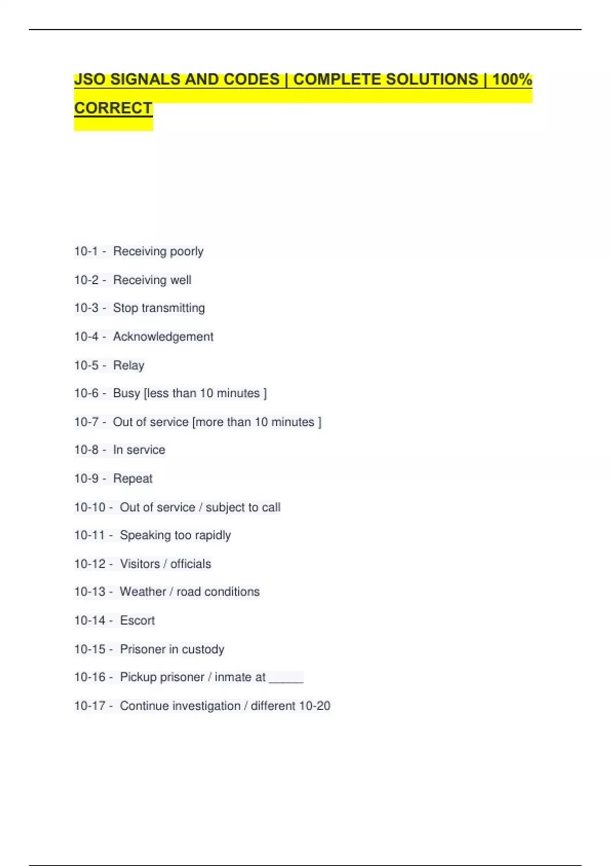JSO SIGNALS AND CODES | COMPLETE SOLUTIONS | 100% CORRECT - JSO - Stuvia US