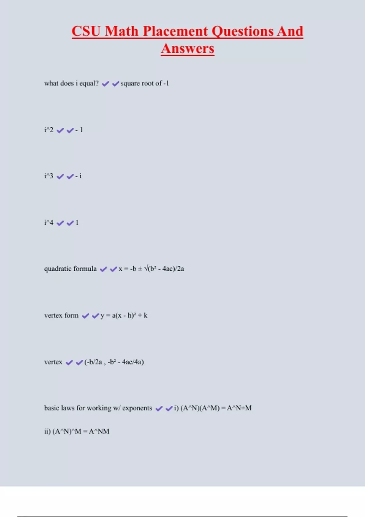Csu Applied Math CSU Math Placement Questions And Answers - Math Placement - Stuvia US