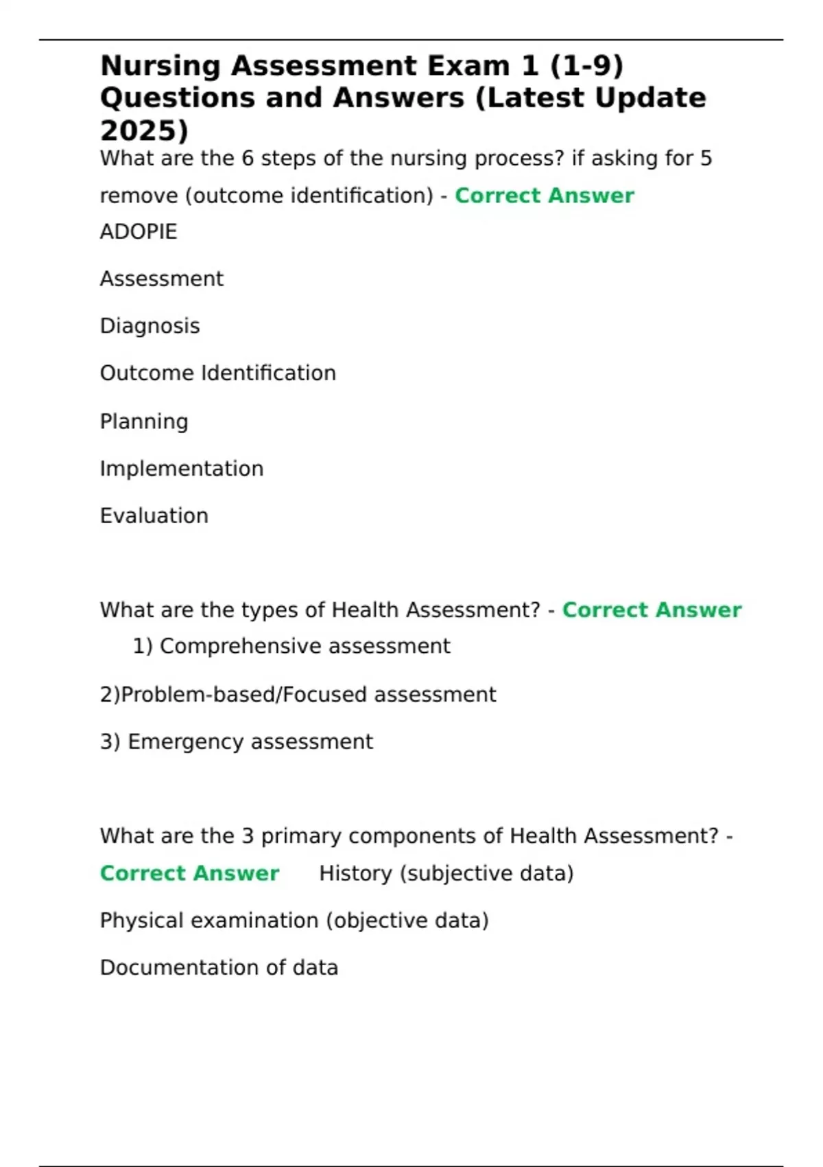 Nursing Assessment Exam 1 (1-9) Questions and Answers (Latest Update ...