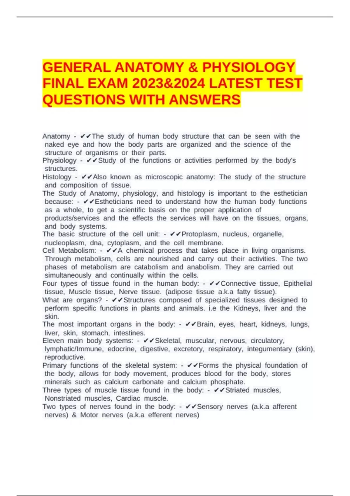 GENERAL ANATOMY & PHYSIOLOGY FINAL EXAM 2023&2024 LATEST TEST QUESTIONS ...