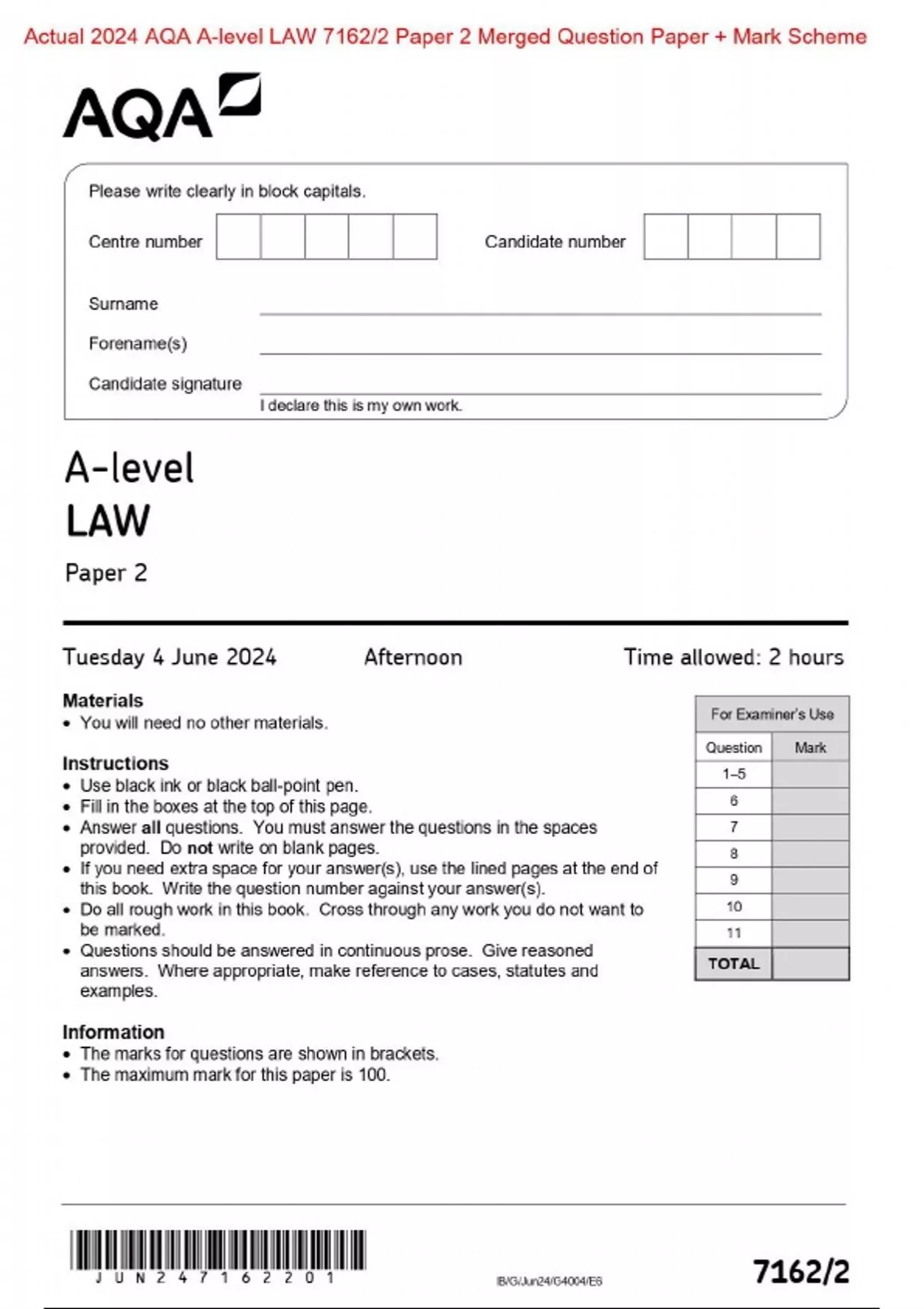 Actual 2024 AQA Alevel LAW 7162/2 Paper 2 Merged Question Paper + Mark