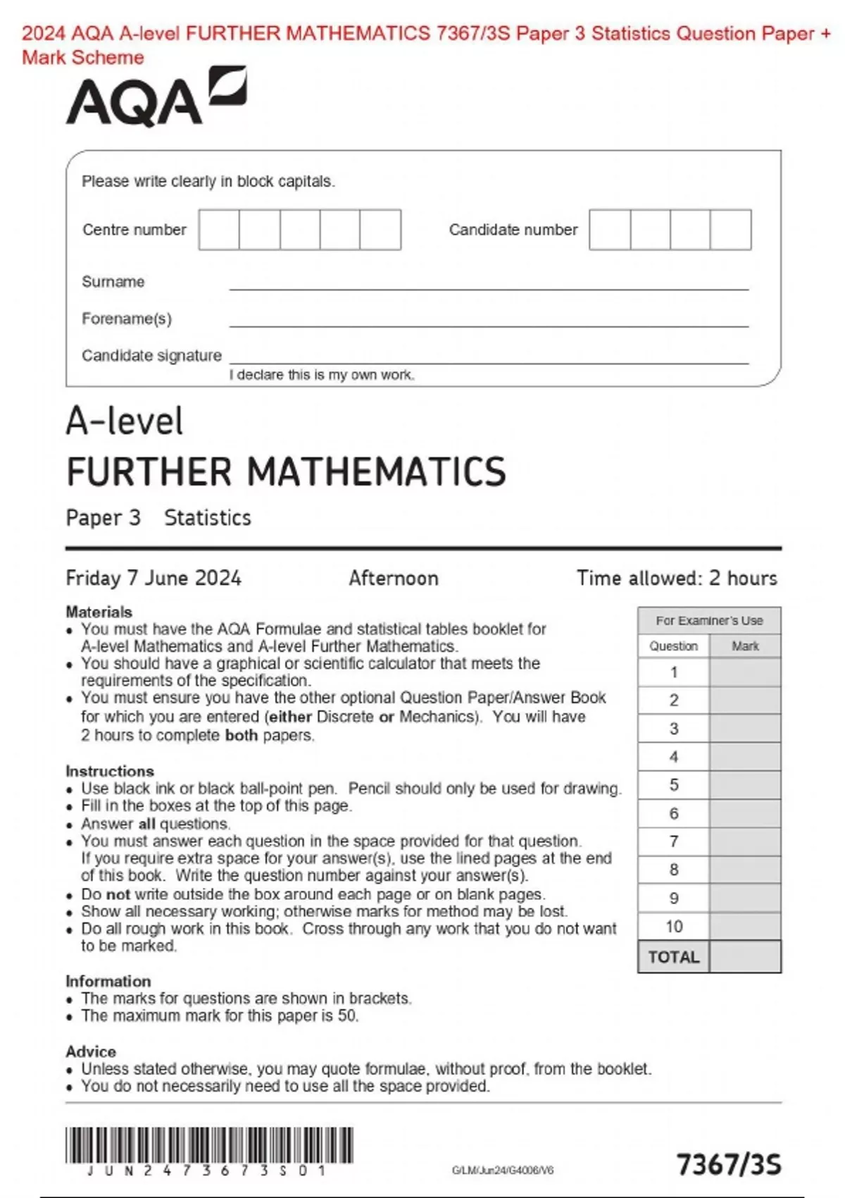 2024 AQA Alevel FURTHER MATHEMATICS 7367/3S Paper 3 Statistics