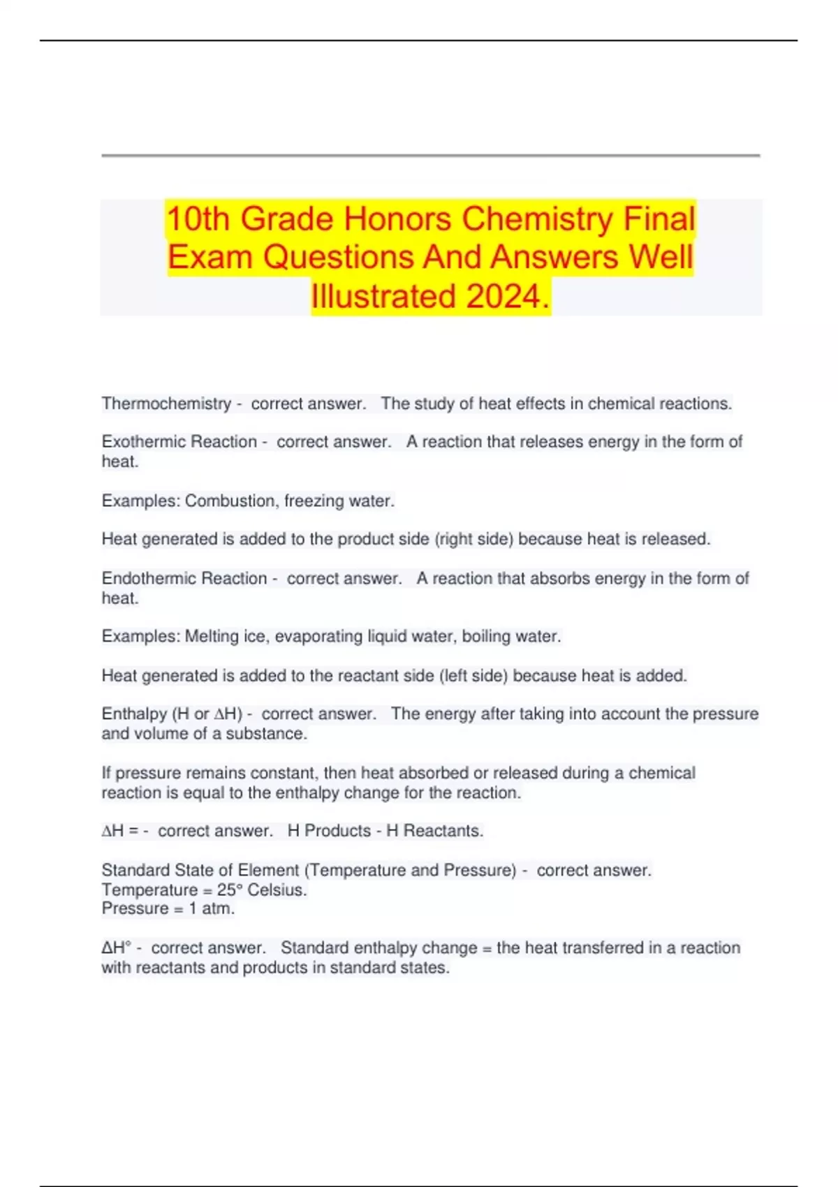 10th Grade Honors Chemistry Final Exam Questions And Answers Well ...