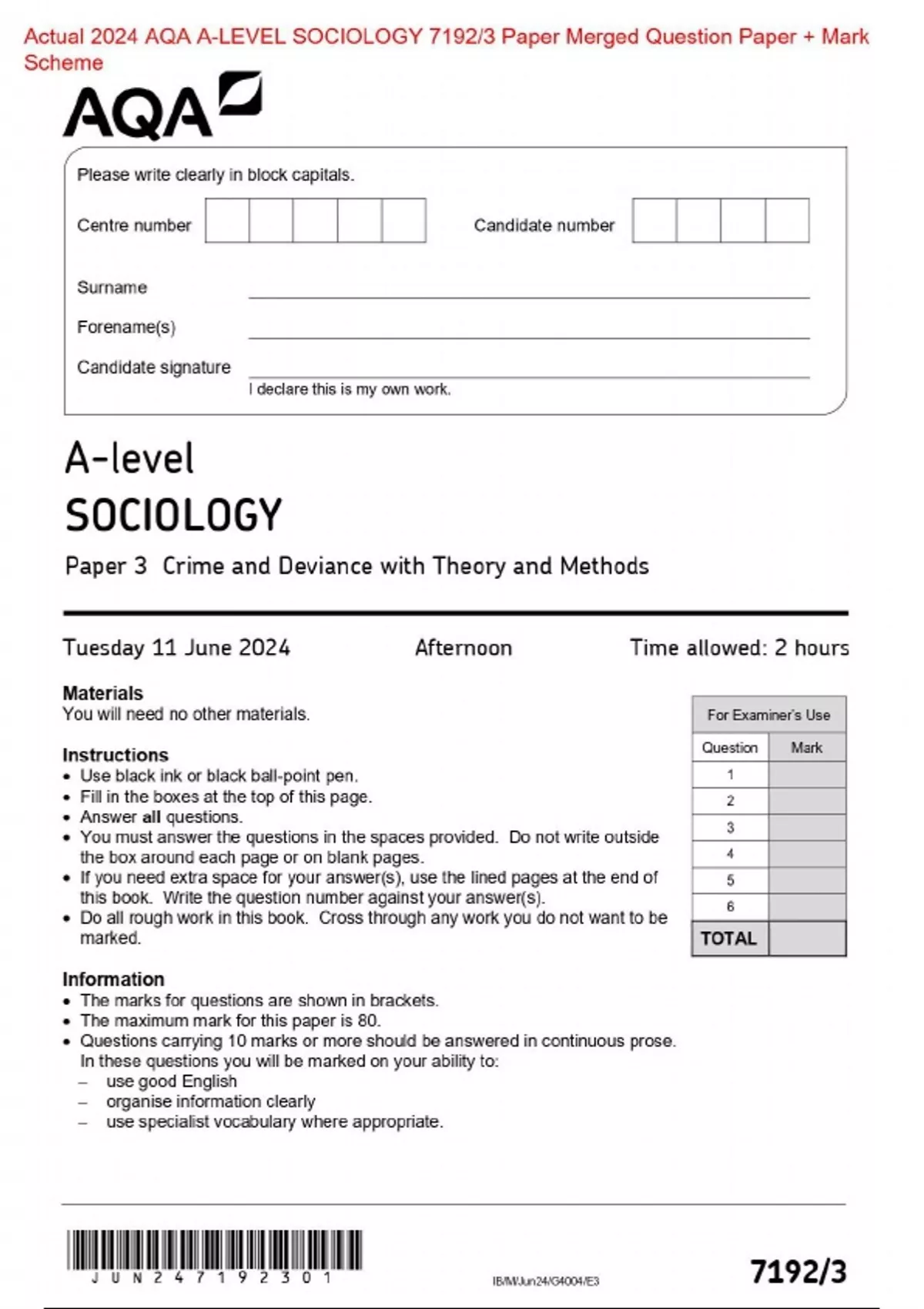 Actual 2024 AQA ALEVEL SOCIOLOGY 7192/3 Paper Merged Question Paper
