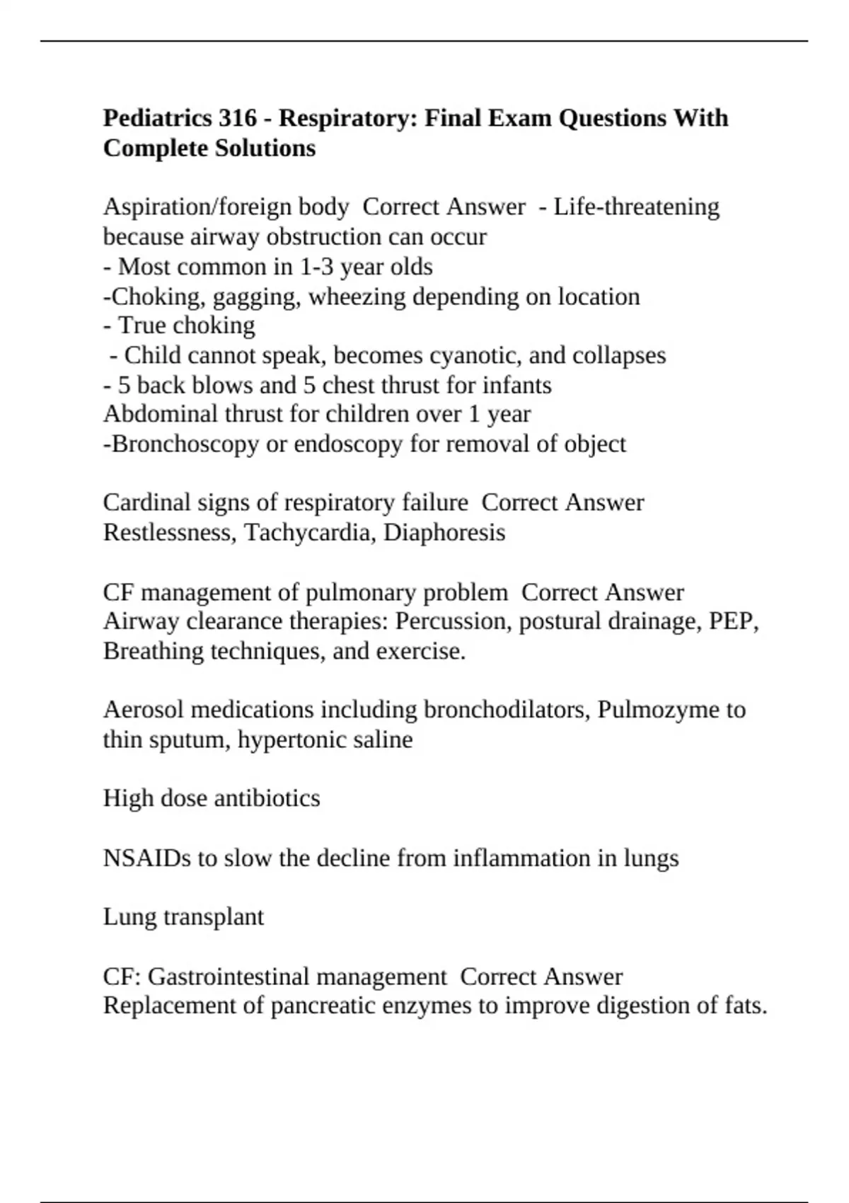 Pediatrics 316 - Respiratory: Final Exam Questions With Complete ...